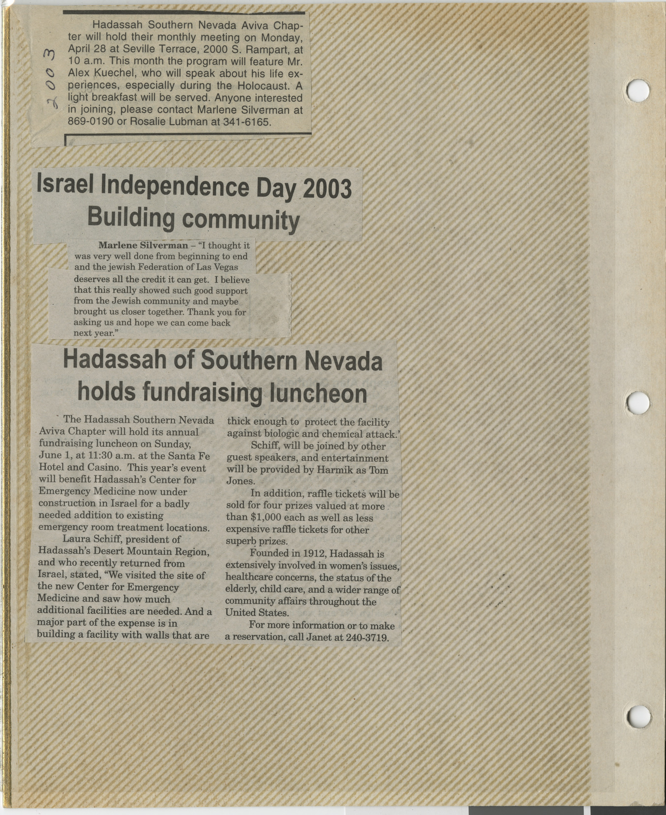 Newspaper clippings for Hadassah events, 2003