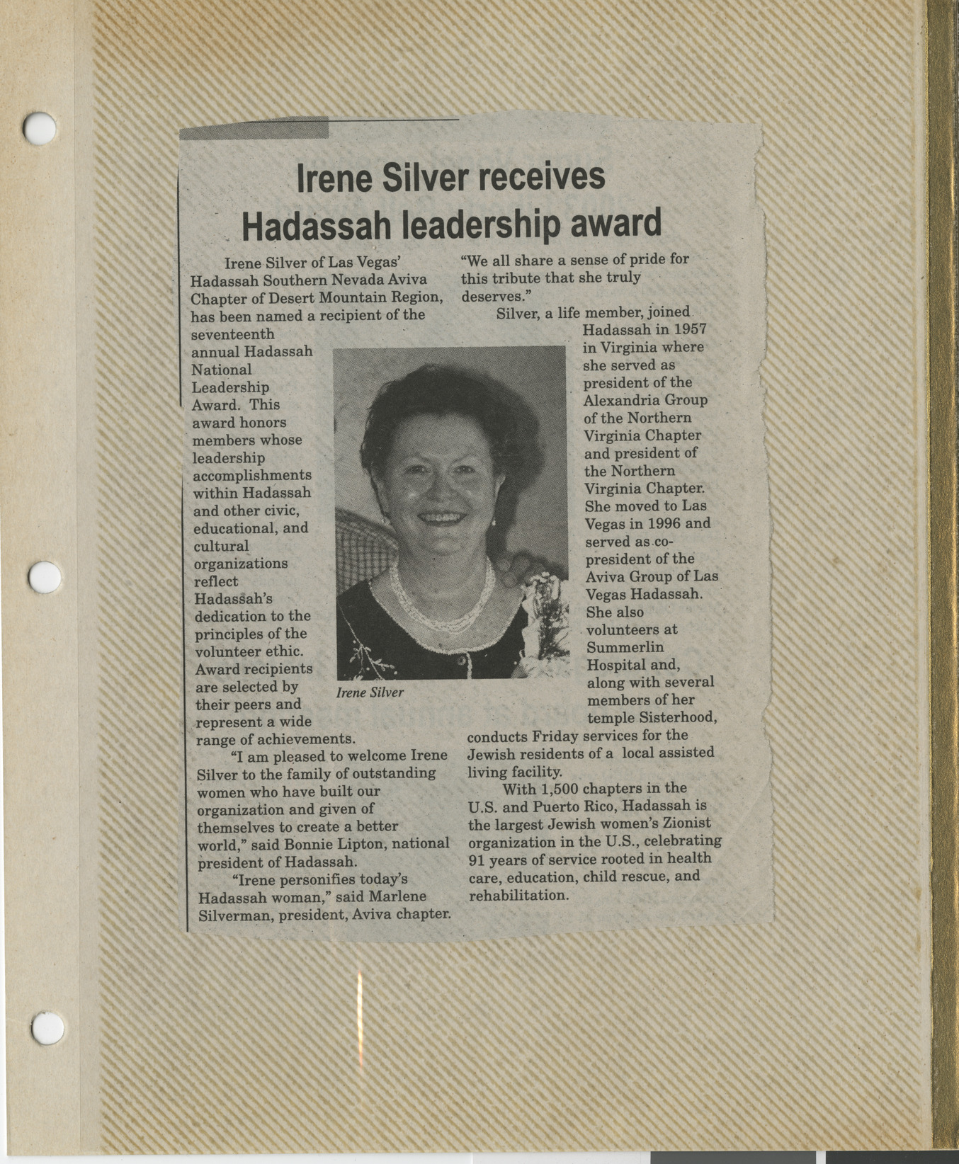 Newspaper clipping, Irene Silver receives Hadassah leadership award, publication and date unknown
