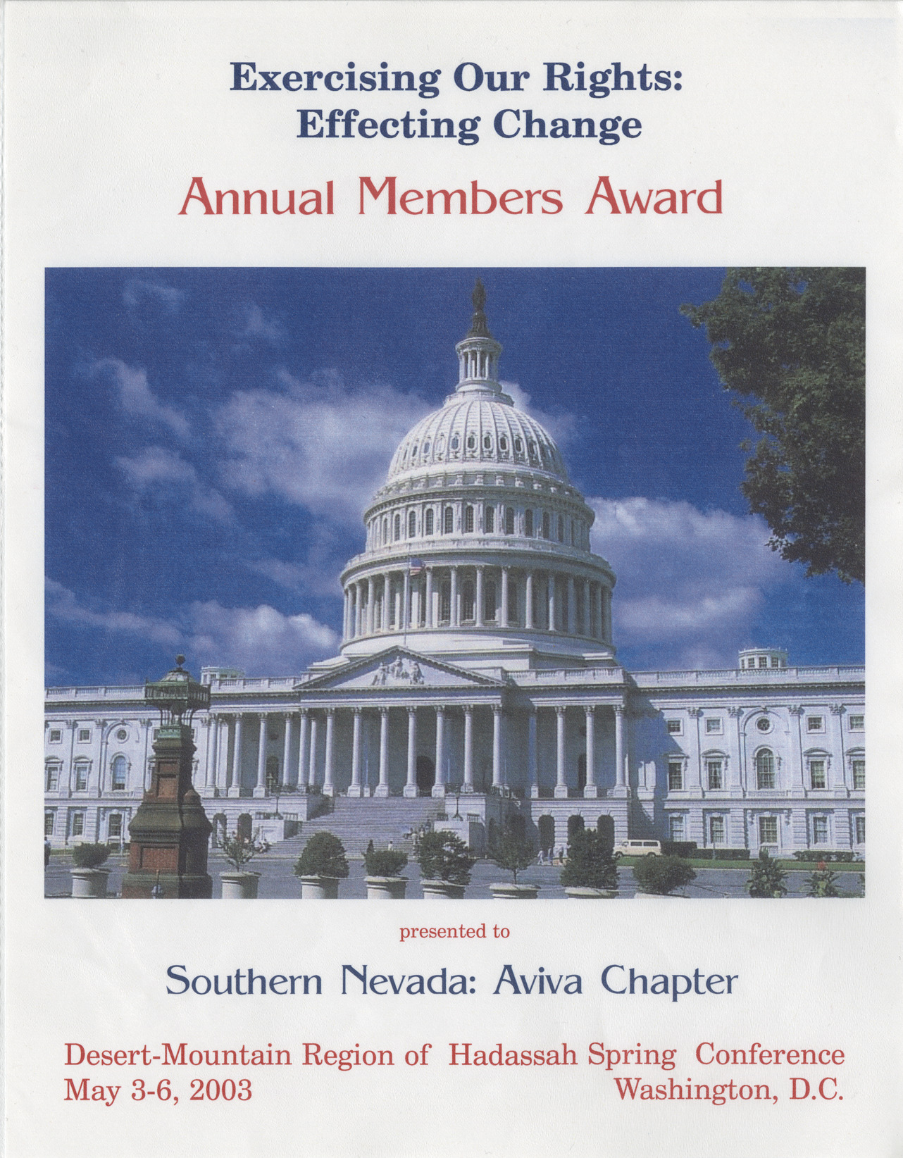 Annual members award for Southern Nevada Aviva Chapter, May 2003