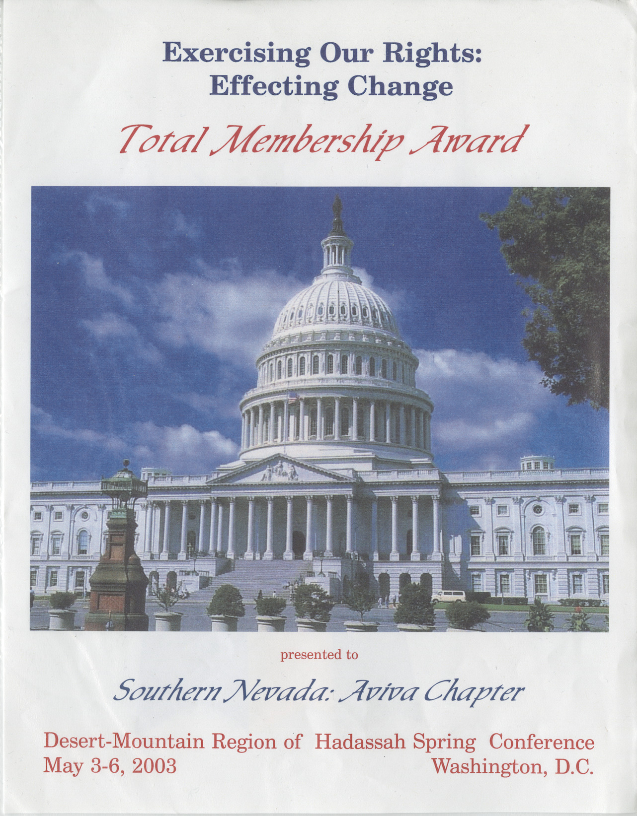 Total Membership award for Southern Nevada Aviva Chapter, May 2003