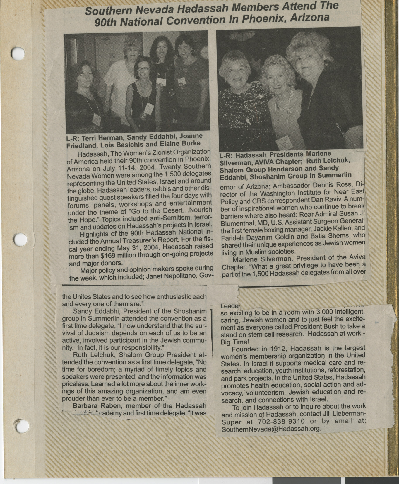 Newspaper clipping, Southern Nevada Hadassah members attend the 90th annual national convention in Phoenix, Arizona, publication and date unknown