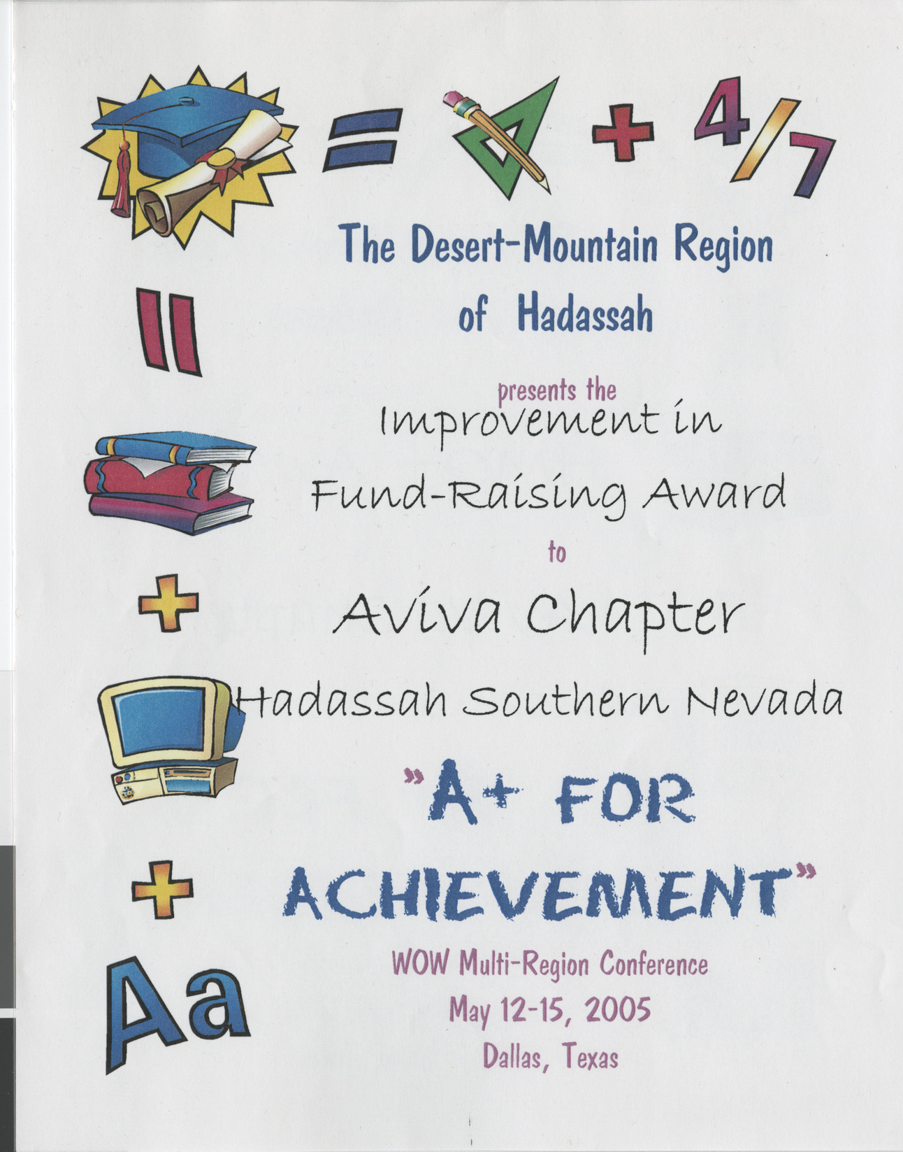 Improvement in Fund-Raising award for Aviva Chapter Hadassah  Southern Nevada, May 2005