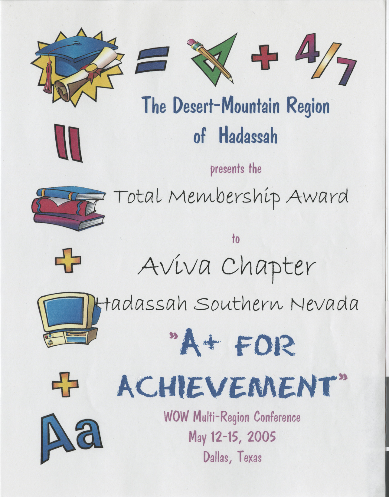 Total Membership award for Aviva Chapter Southern Nevada, May 2005