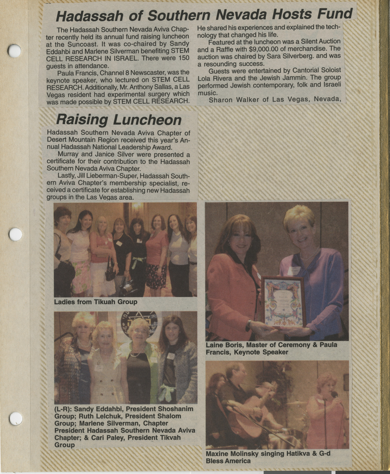 Newspaper clippings for Aviva chapter luncheon, date unknown