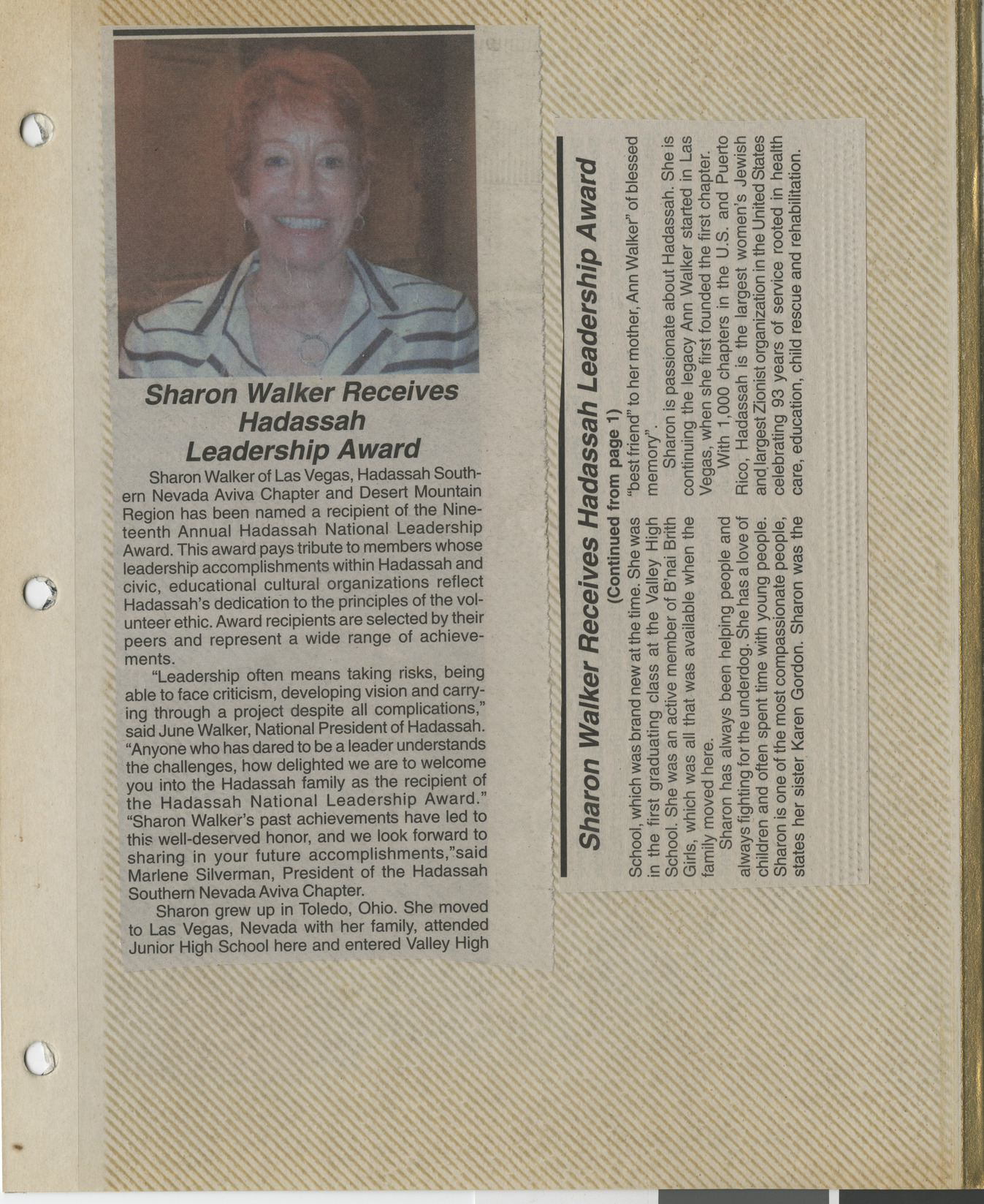 Newspaper clipping, Sharon Walker receives Hadassah leadership award, publication and date unknown