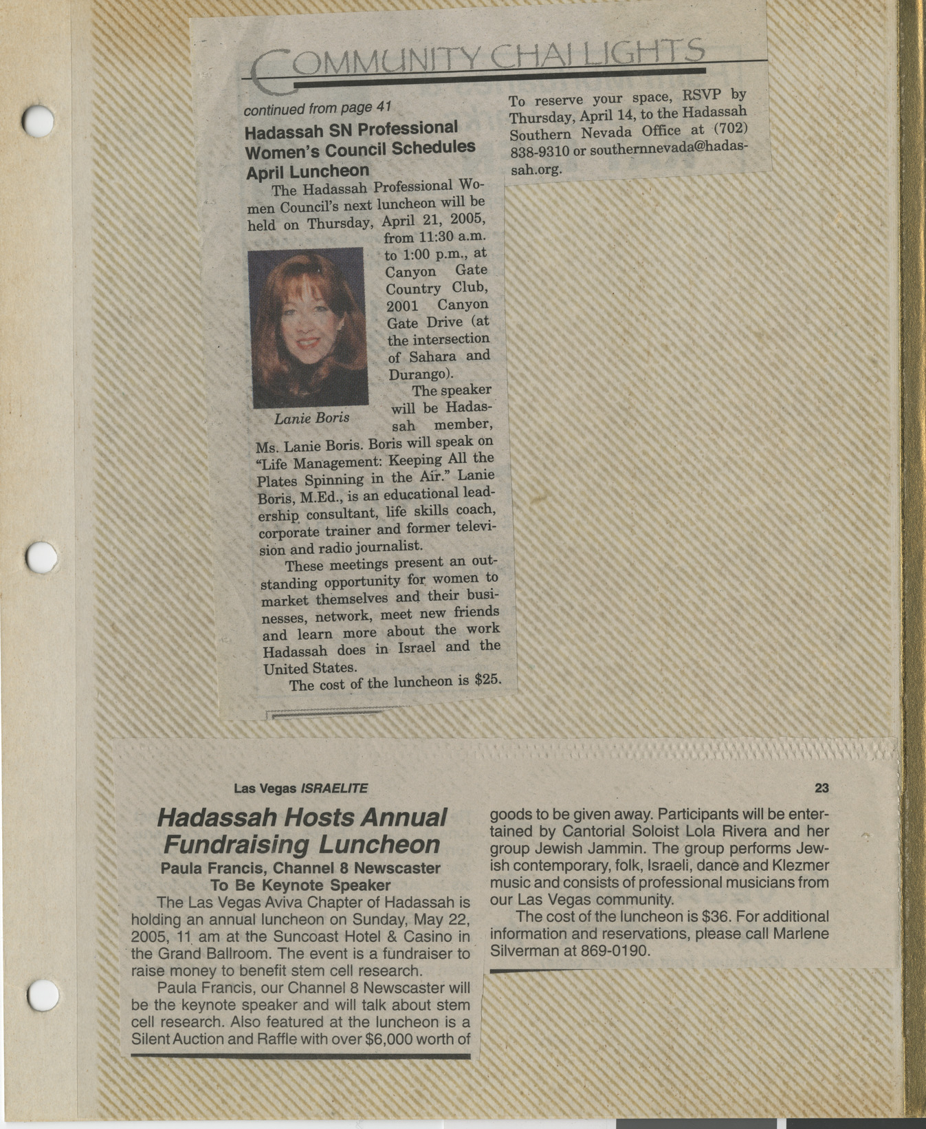 Newspaper clippings about Hadassah luncheons