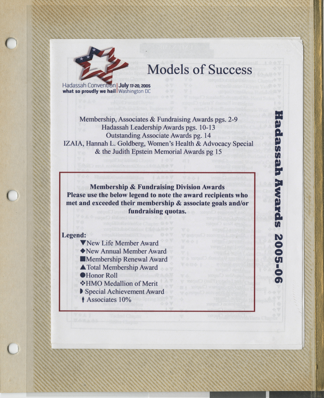 Program for Hadassah Convention awards, July 2005