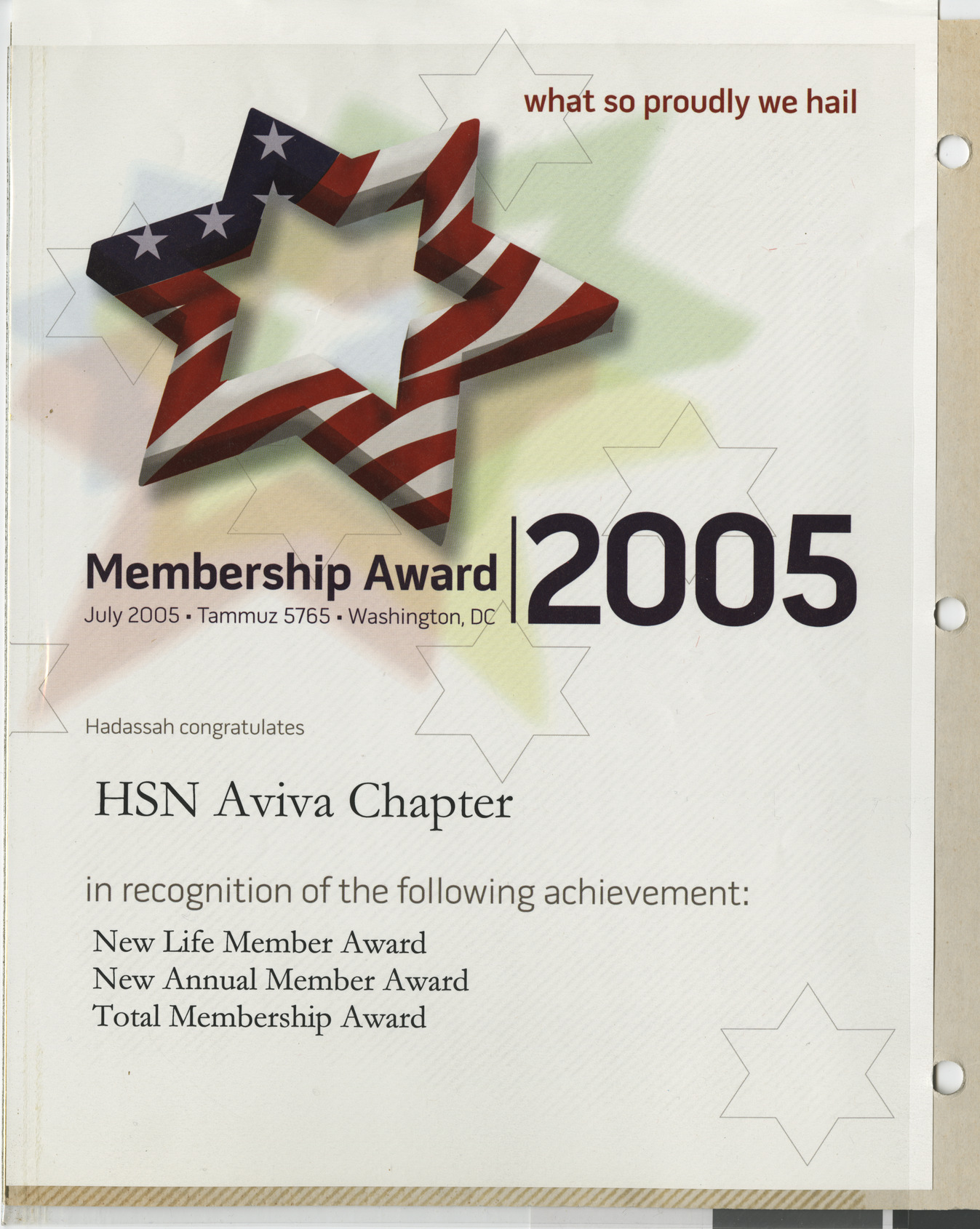 Membership award for HSN Aviva Chapter, July 2005