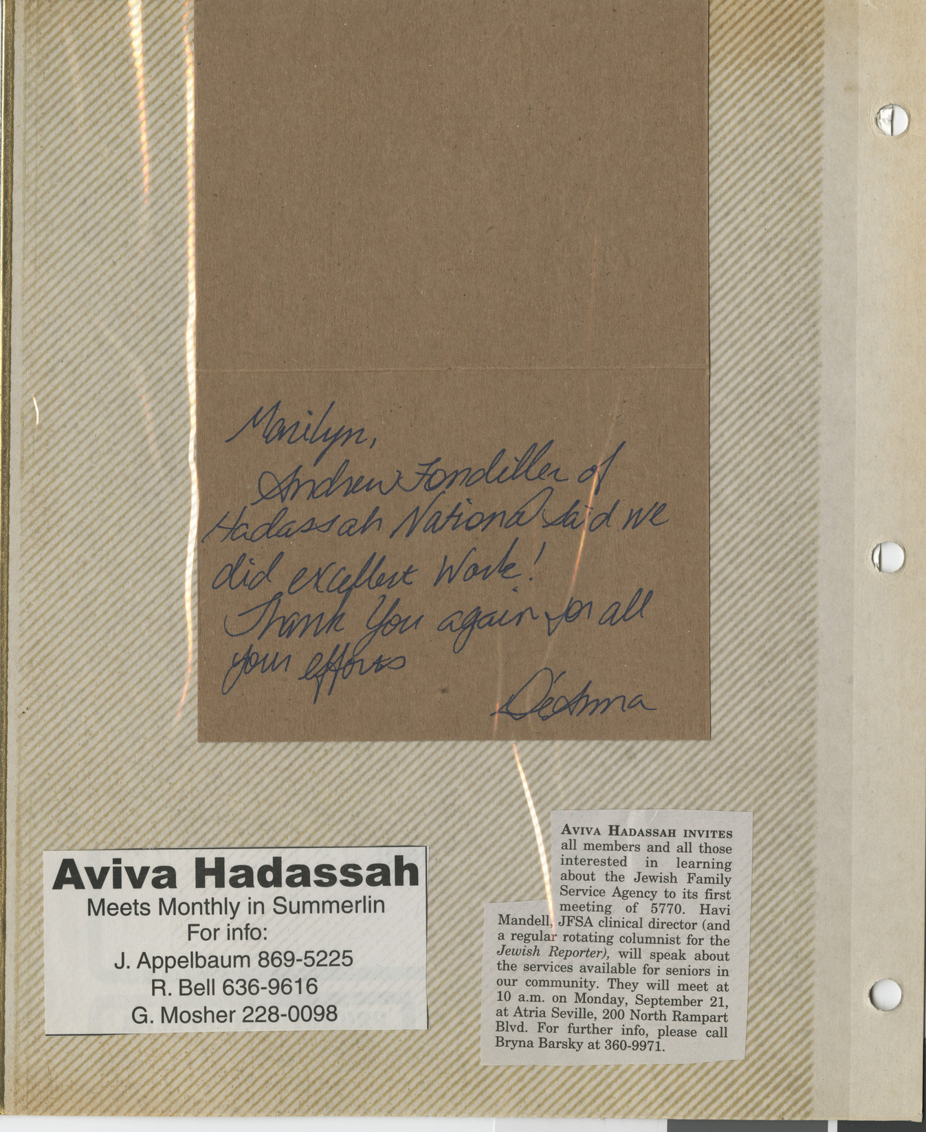 Notecard and clippings for Aviva Chapter, date unknown