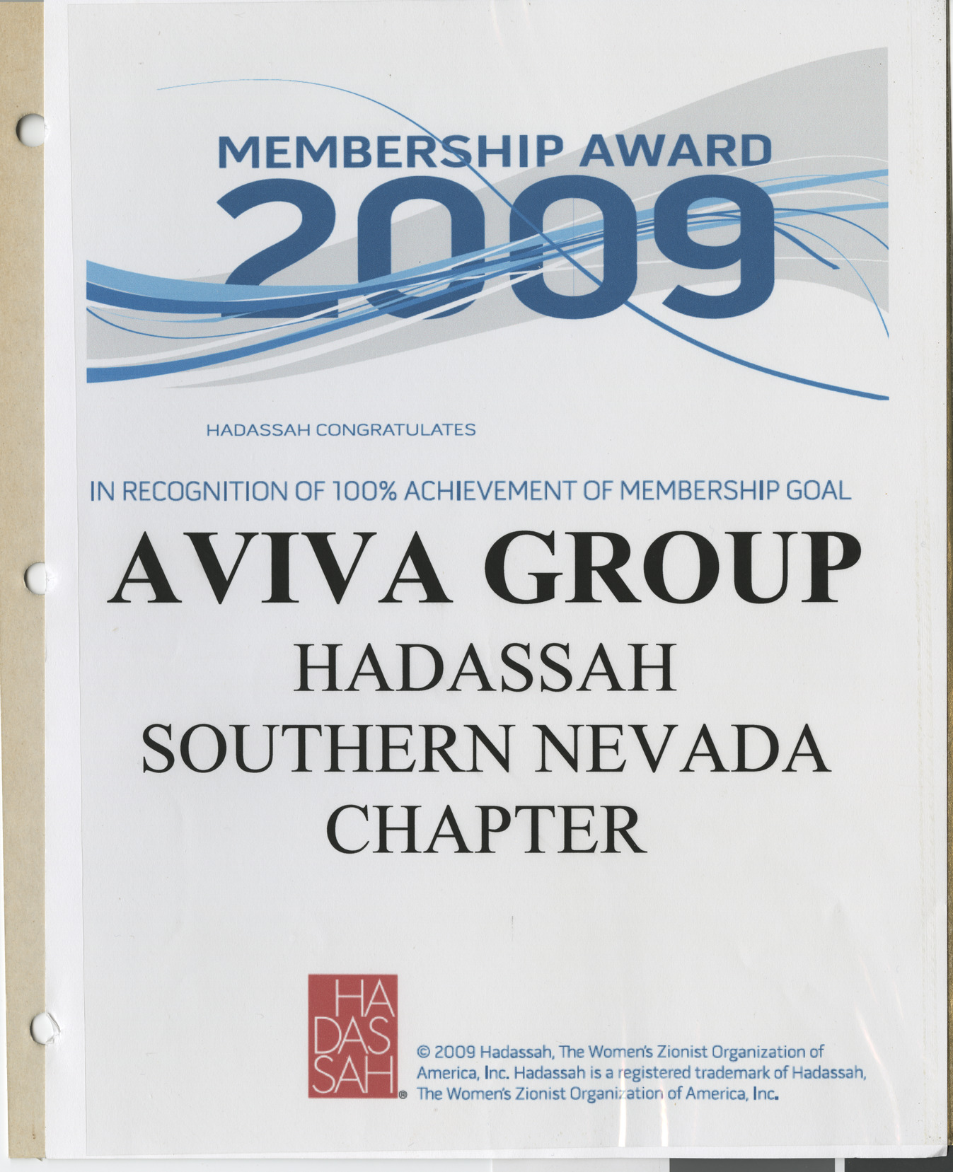 Membership award for Aviva Group Hadassah Southern Nevada Chapter, 2009