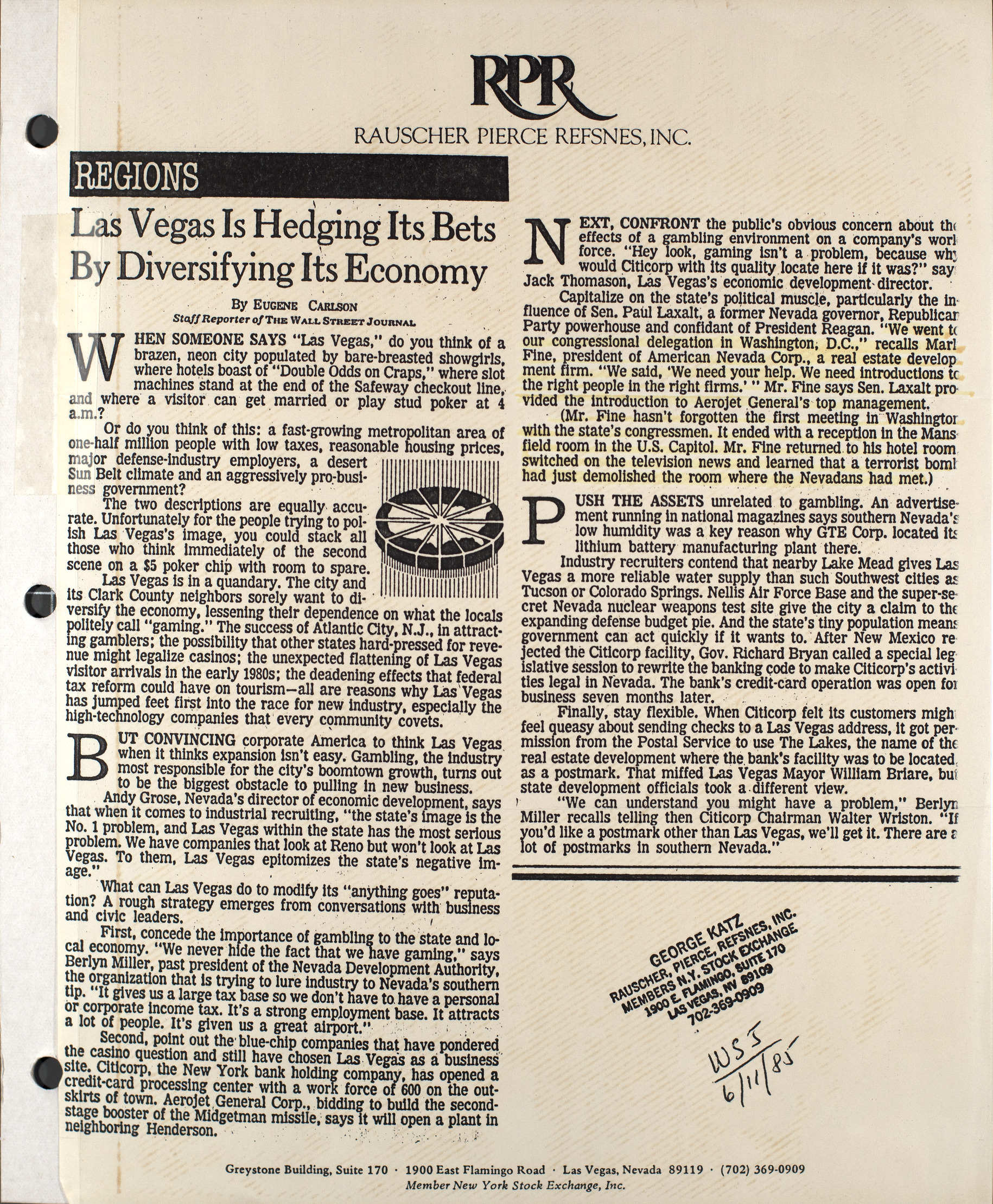 Clipping, Las Vegas is hedging its bets by diversifying its economy, Wall Street Journal, June 11, 1985