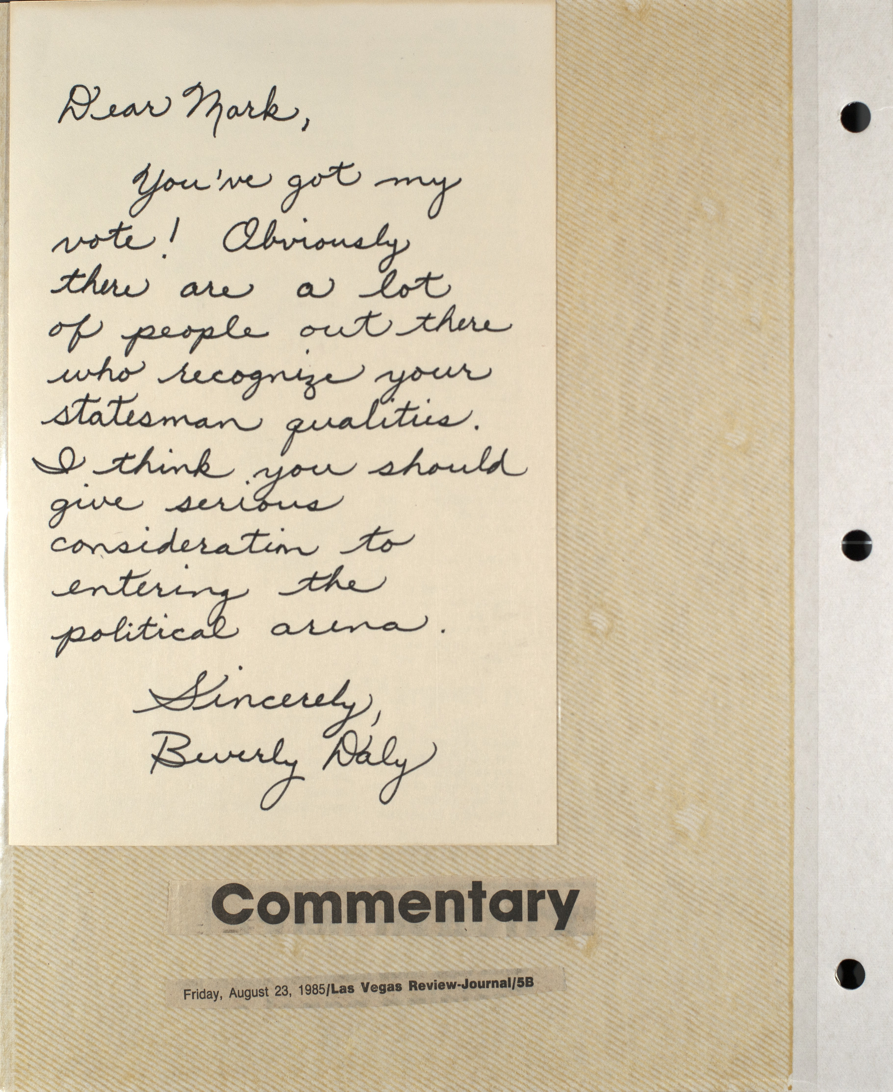 Handwritten letter from Beverly Daly to Mark Fine, undated