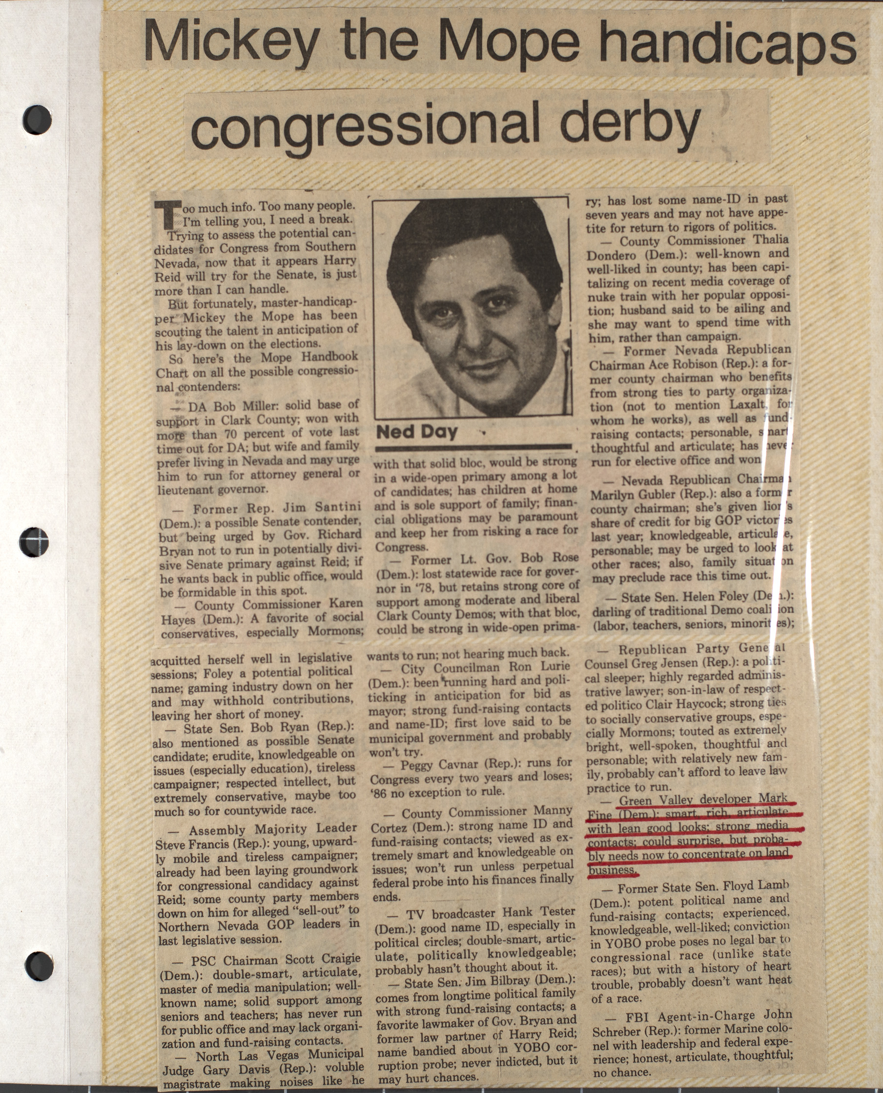 Newspaper clipping, Mickey the Mope handicaps congressional derby, Commentary section, Las Vegas Review-Journal, August 23, 1985