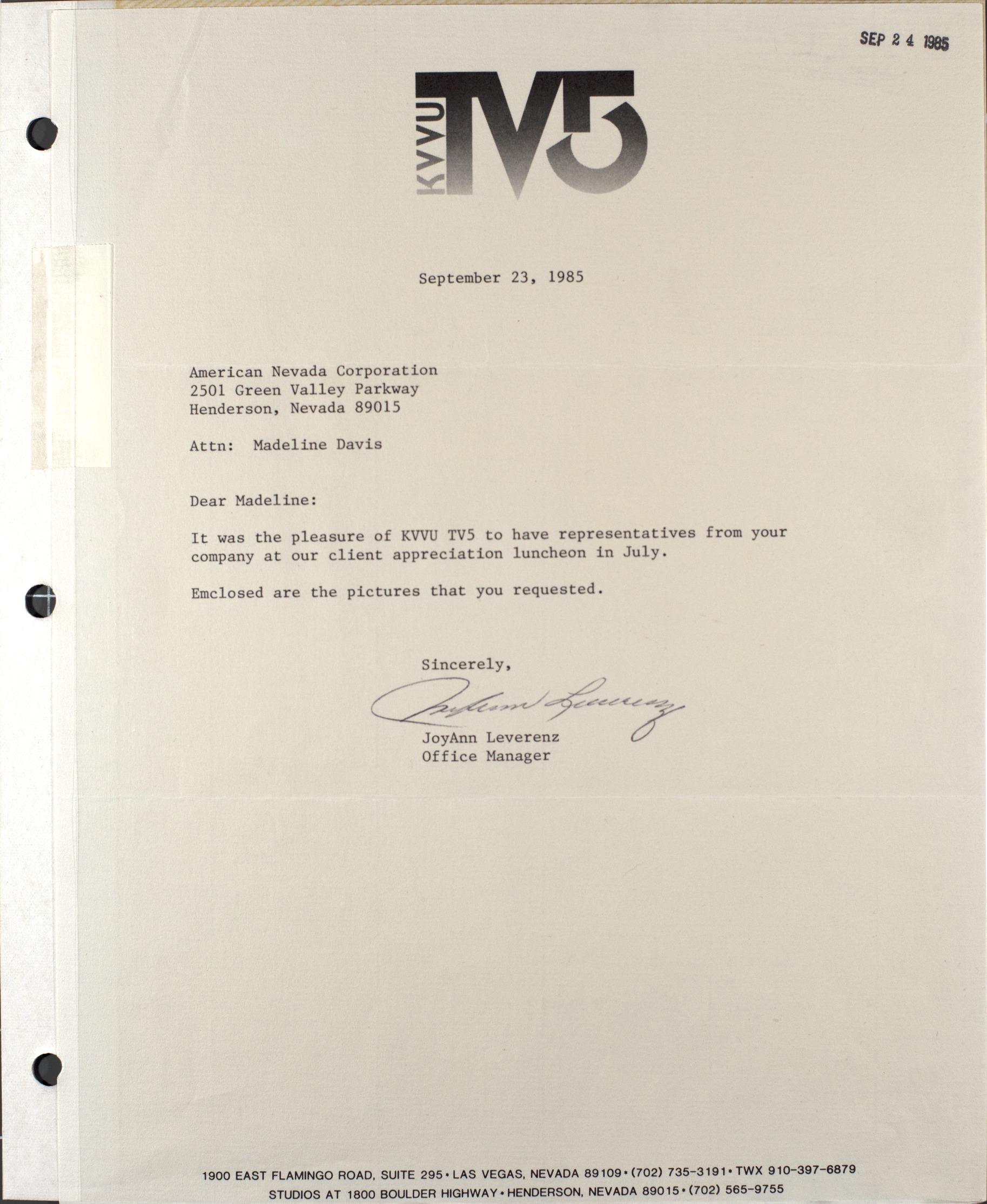 Letter from JoyAnn Leverenz to Madeline Davis, American Nevada Corporation, September 23, 1985