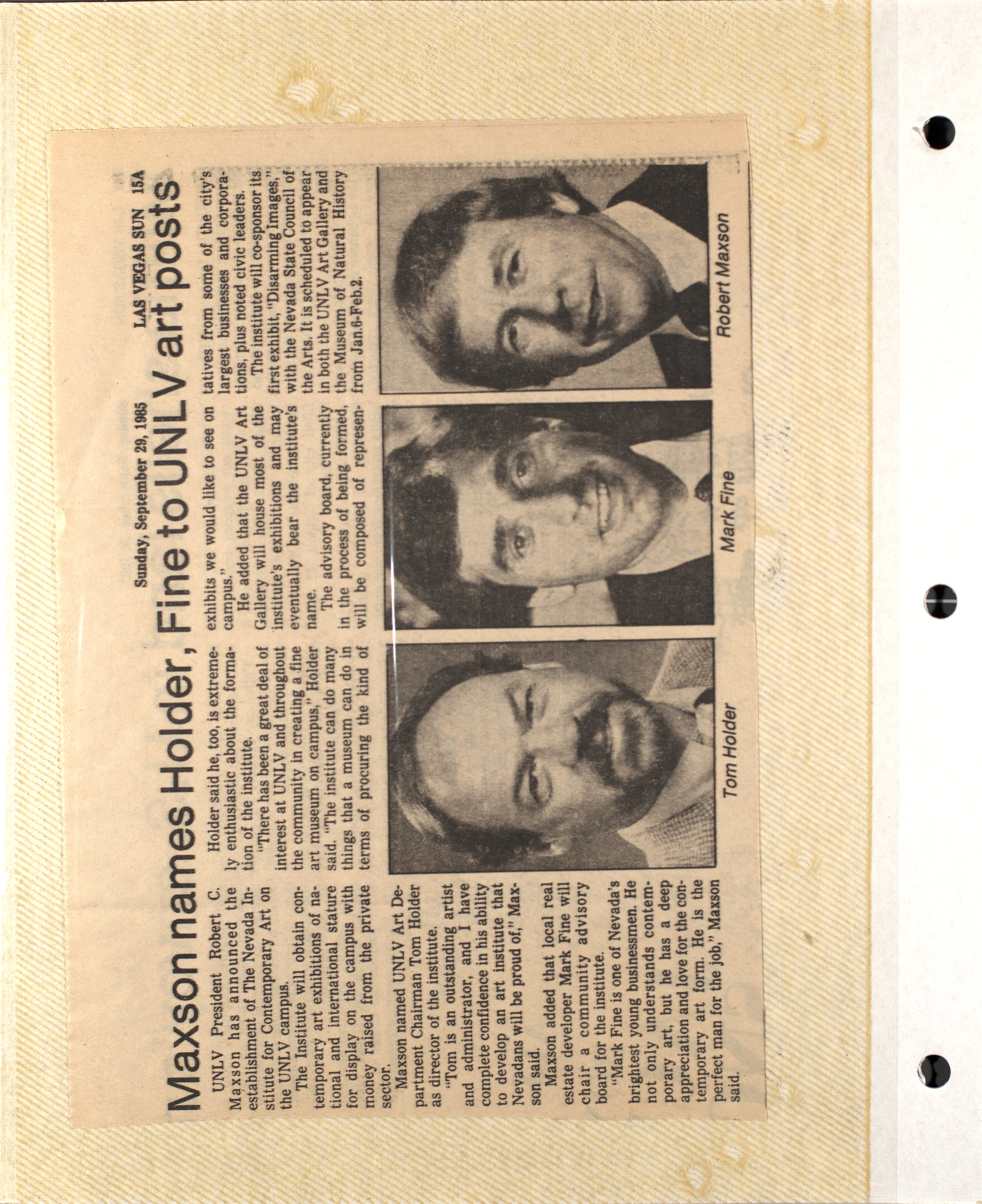 Newspaper clipping, Maxon names Holder, Fine to UNLV art posts, Las Vegas Sun, Sptember 29, 1985