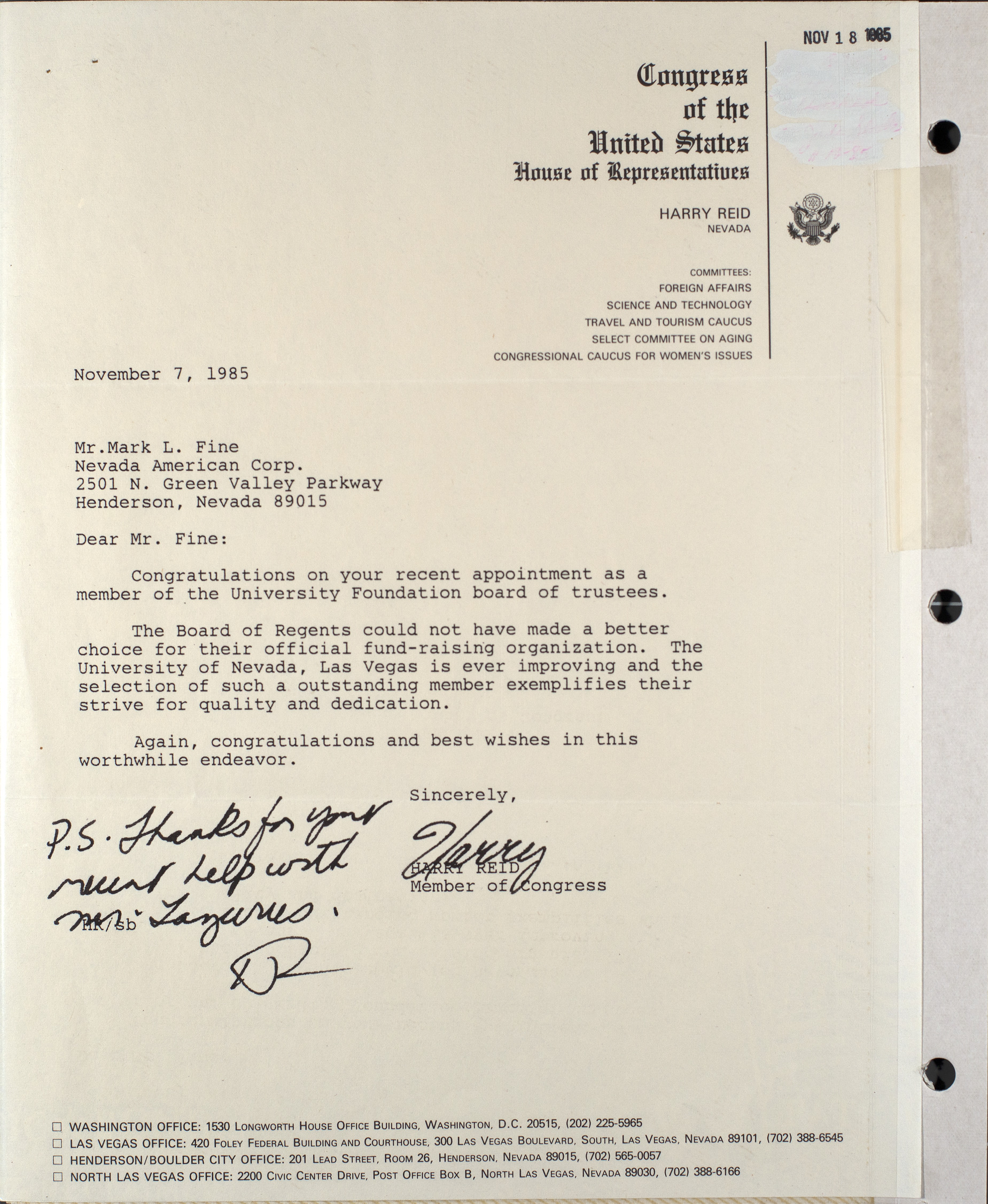 Letter from Harry Reid to Mark Fine, November 7, 1985