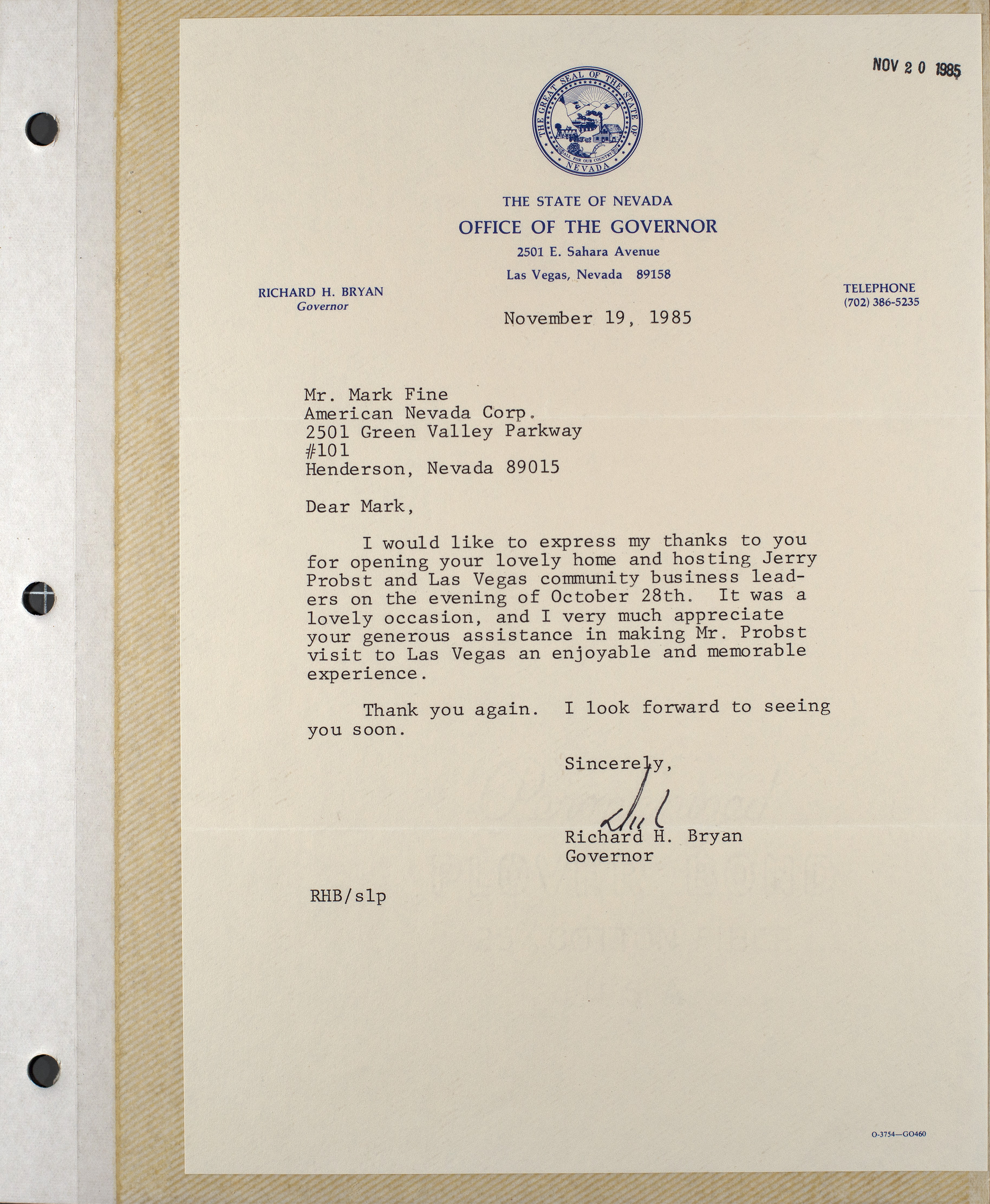 Letter from Richard Bryan to Mark Fine, November 19, 1985