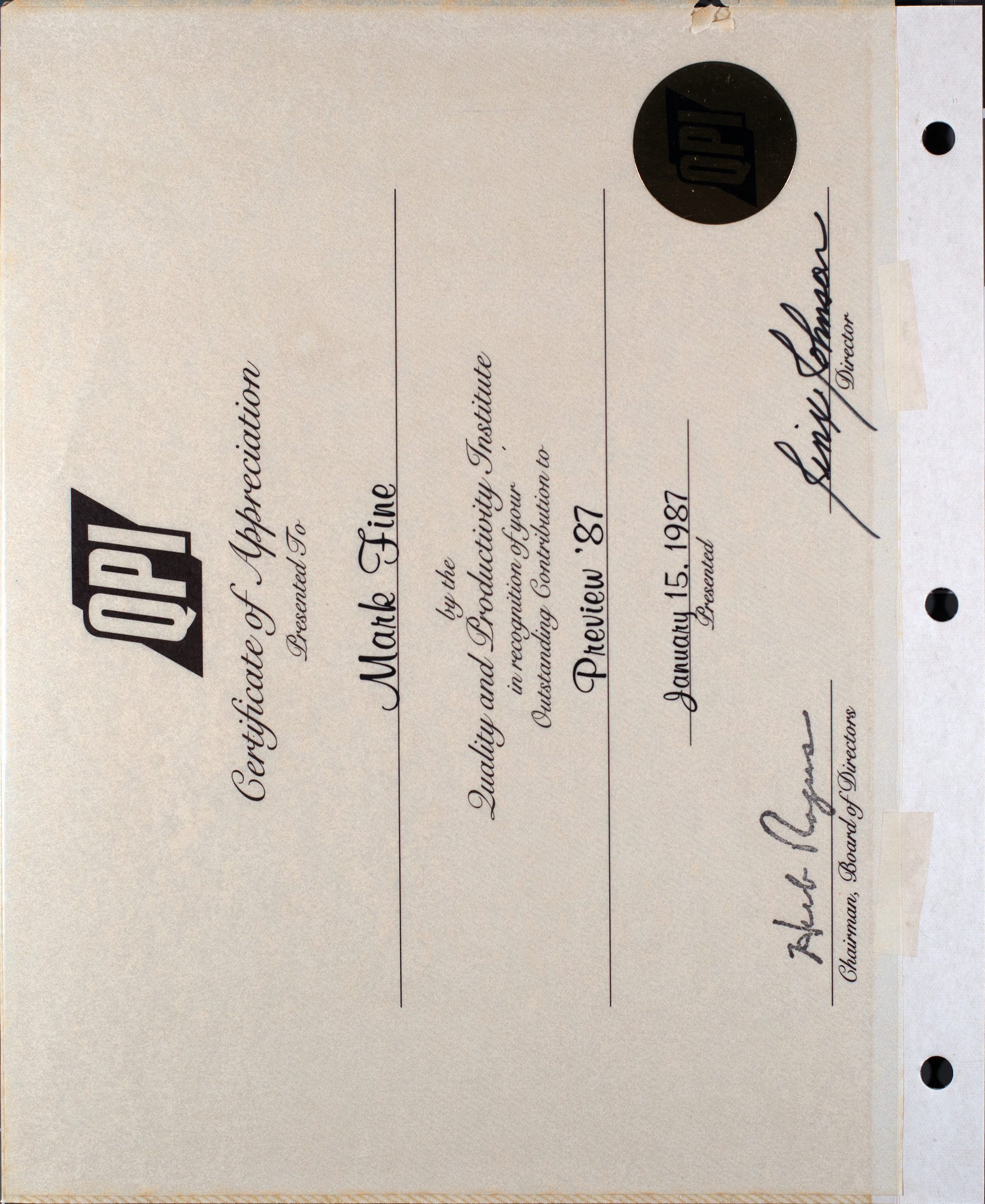 Certificate of appreciation for Mark Fine for Preview '87, January 15, 1987