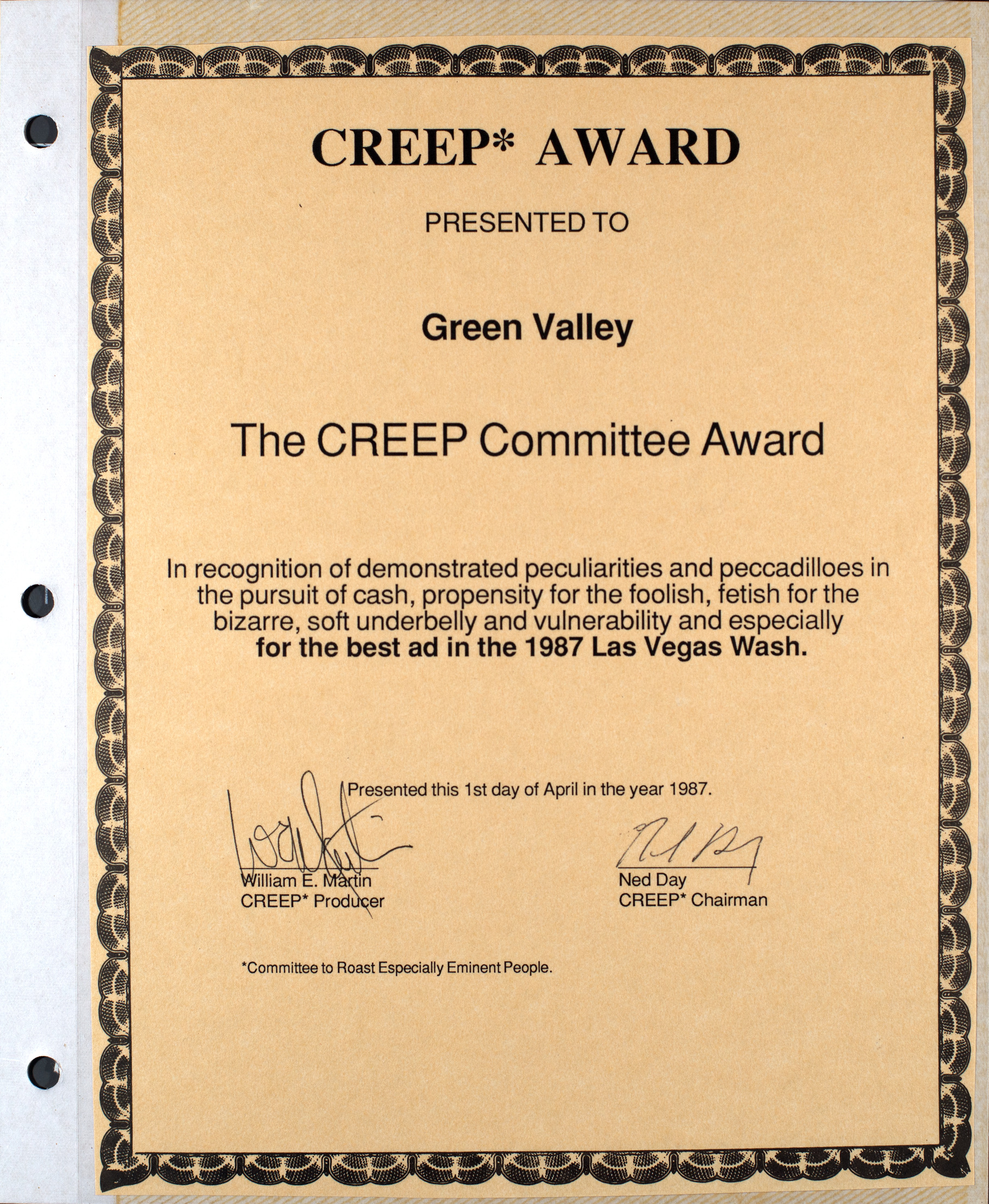 CREEP Award presented to Green Valley, April 1, 1987