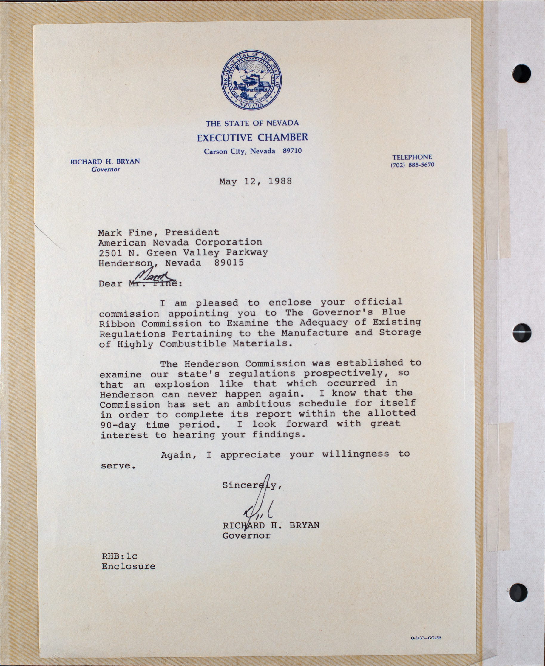 Letter from Richard Bryan to Mark Fine, May 12, 1988