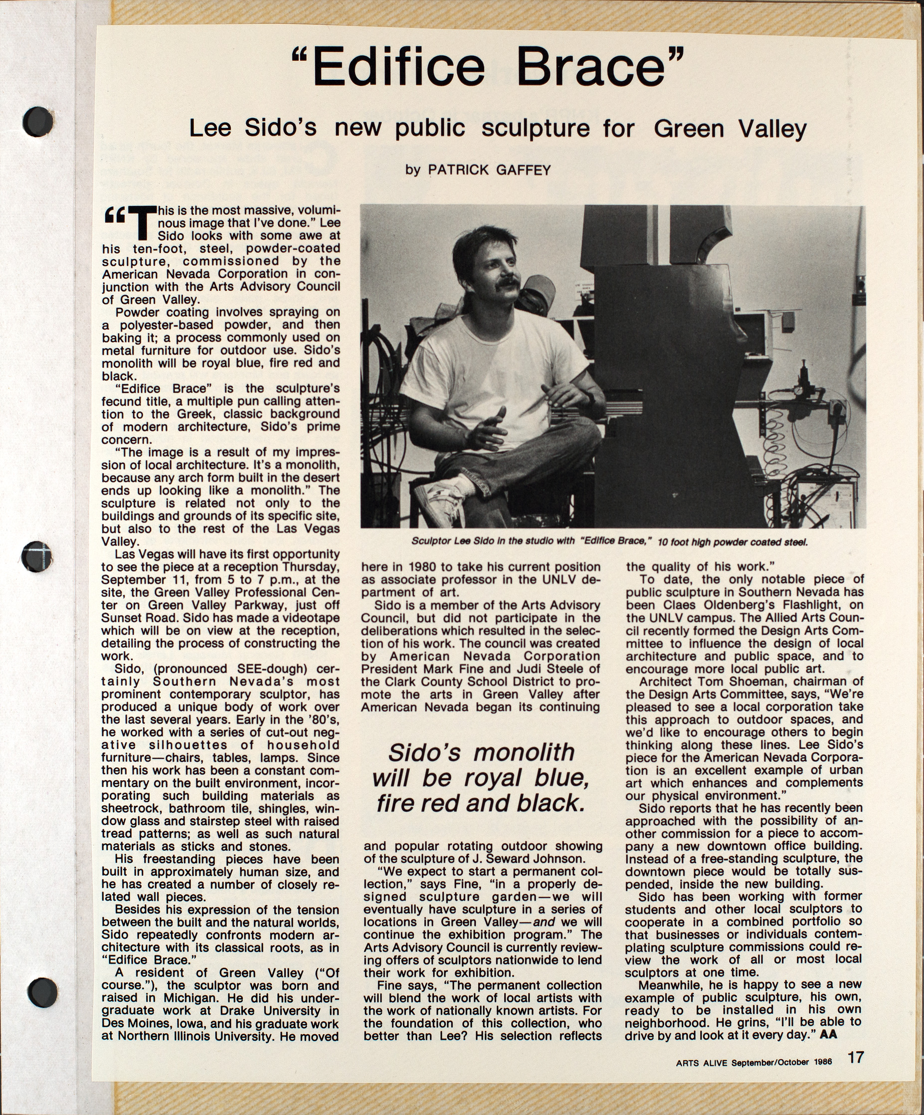 Article, Ediface Brace: Lee Sido's new public sculpture for Green Valley, Arts Alive, September-October 1986