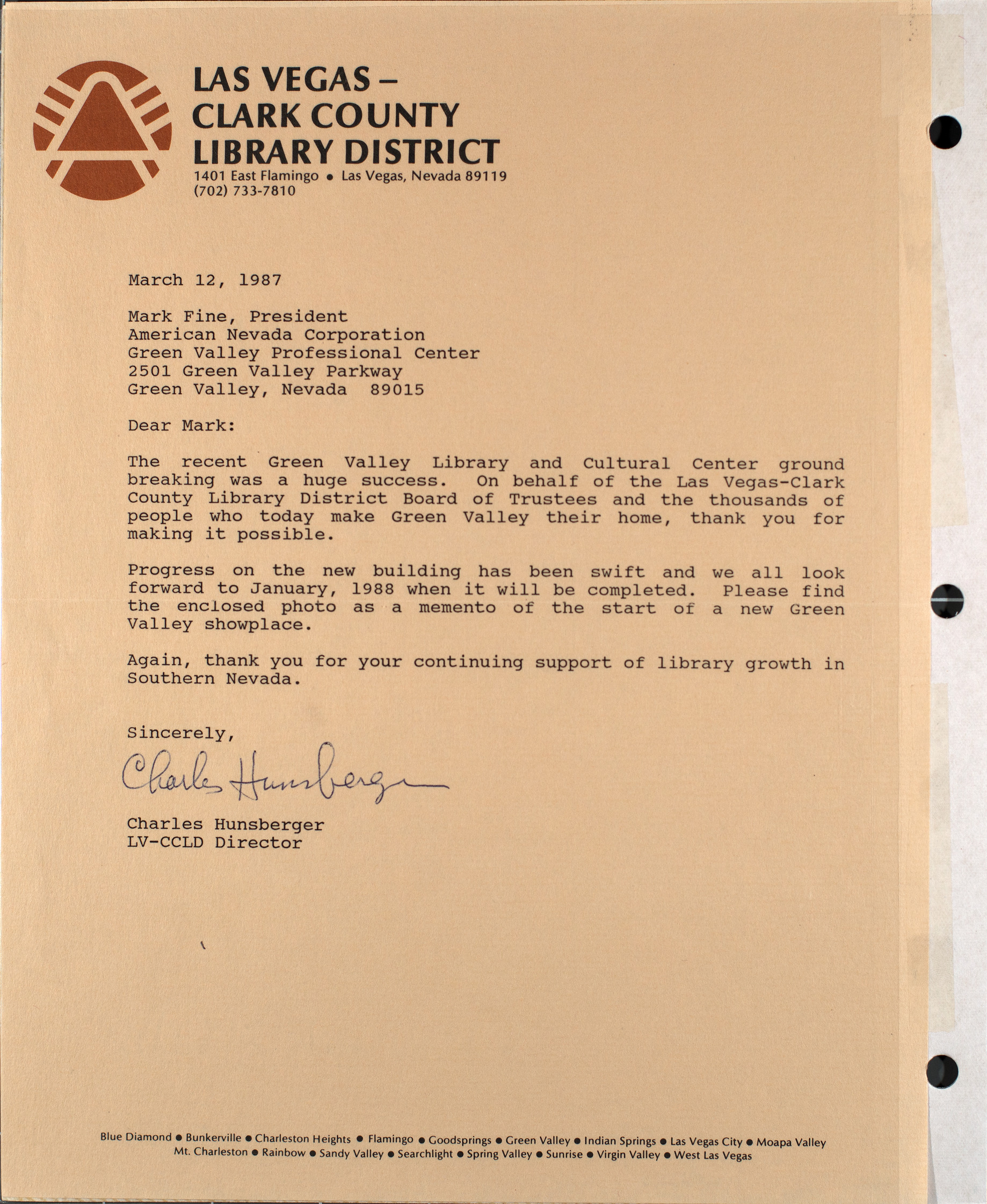 Letter from Charles Hunsberger to Mark Fine, March 12, 1987