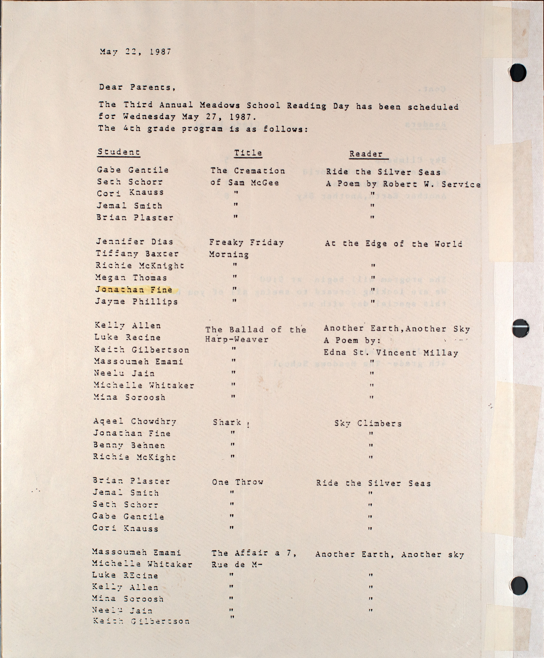 Memorandum to parents at Meadows School, May 22, 1987