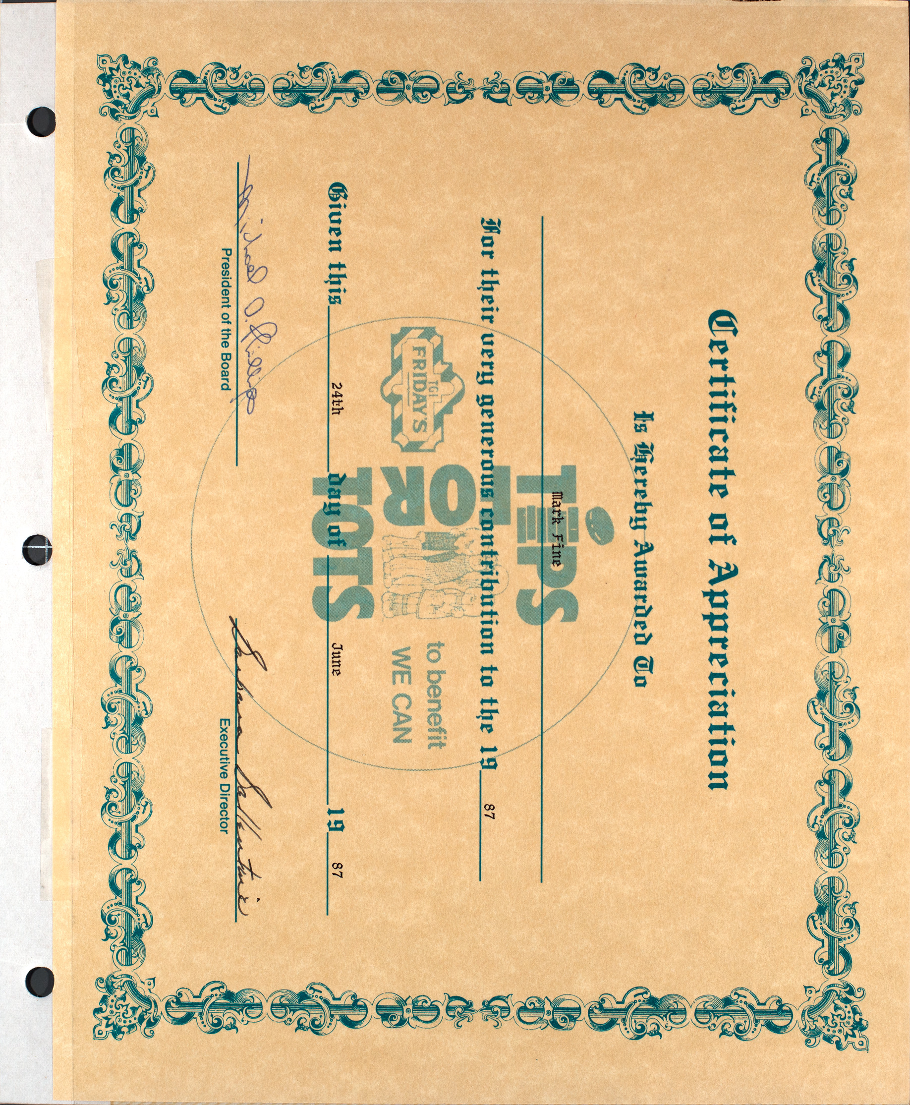 Certificate of Appreciation for Mark Fine from Tips for Tots, June 24, 1987