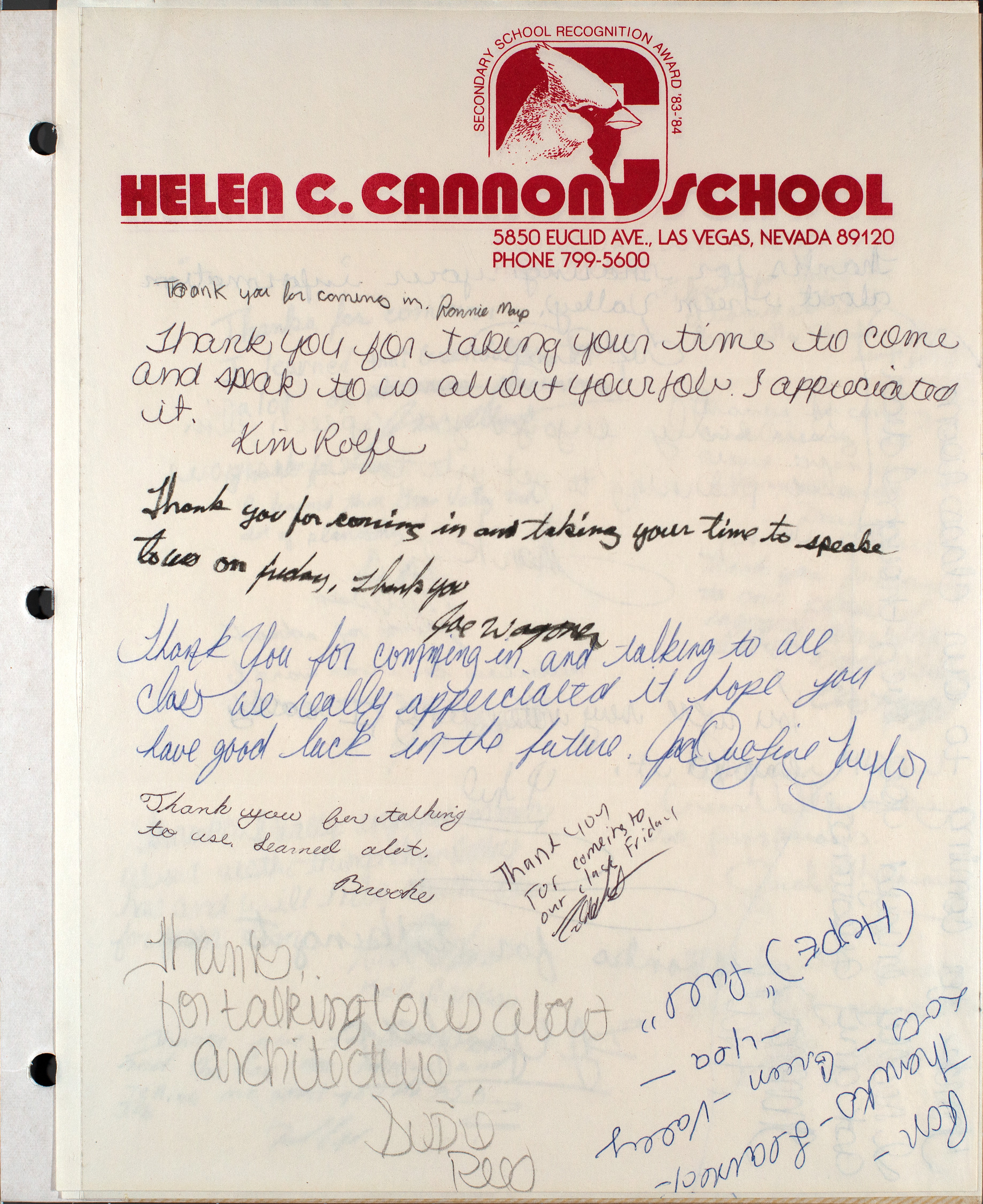 Handwritten letter from students at the Helen C. Cannon School to Mark Fine, undated