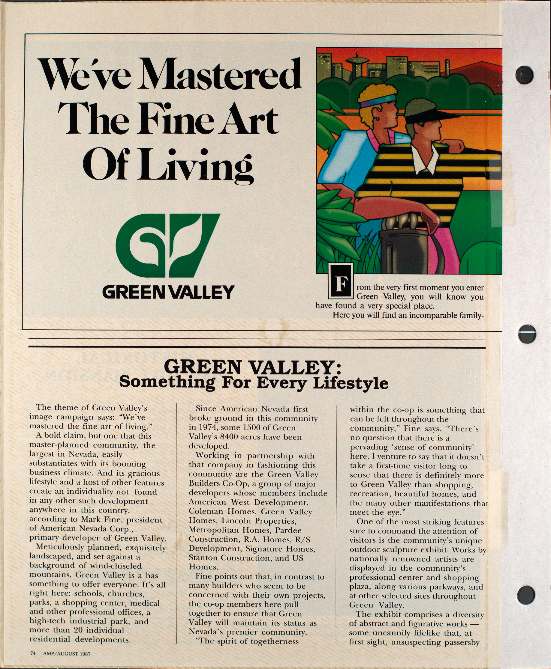 Advertisement and article about Green Valley, AMP, August 1987, page 1