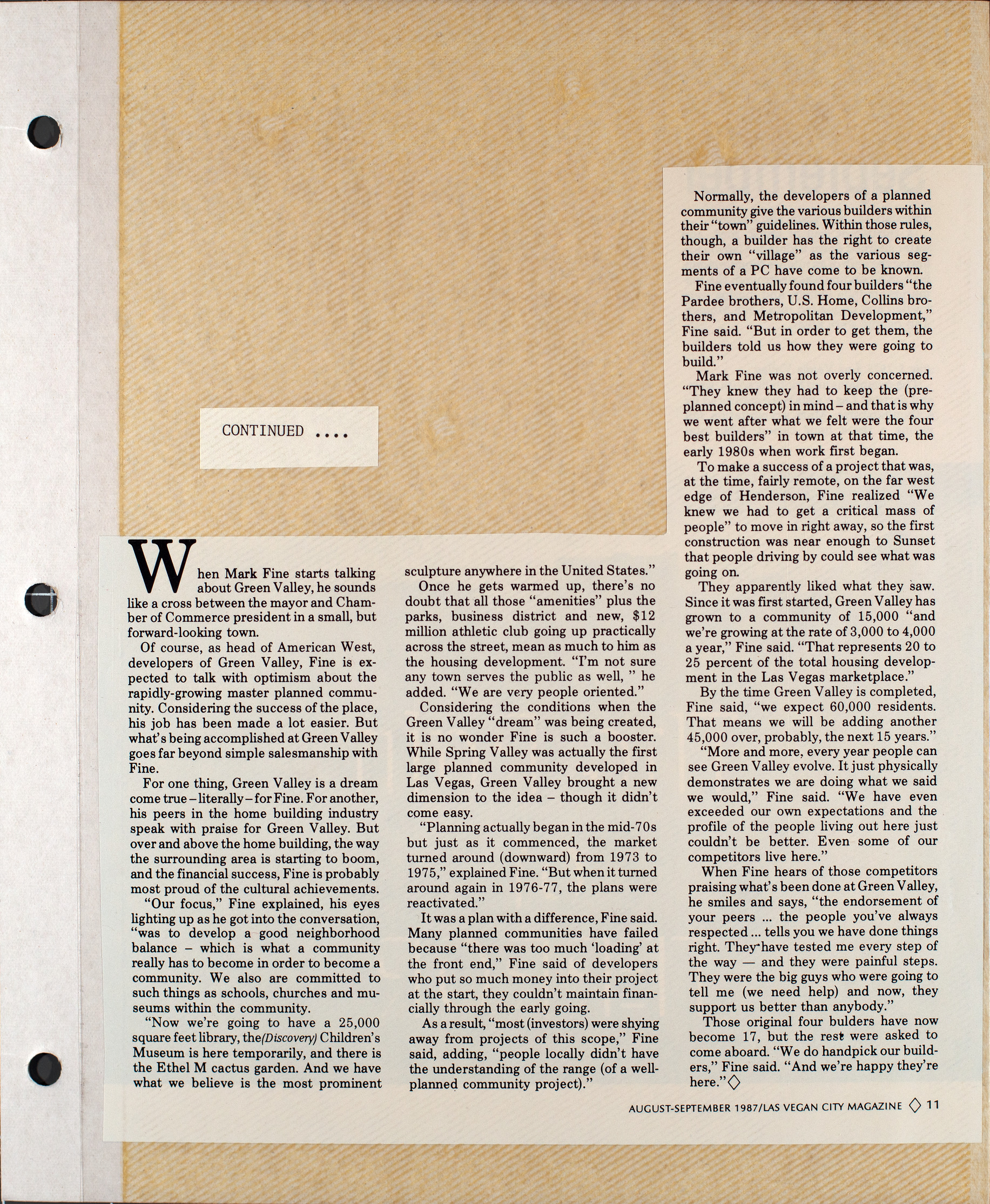 Clippings, Mark Fine - Ten years After, Las Vegan City Magazine, August-September 1987