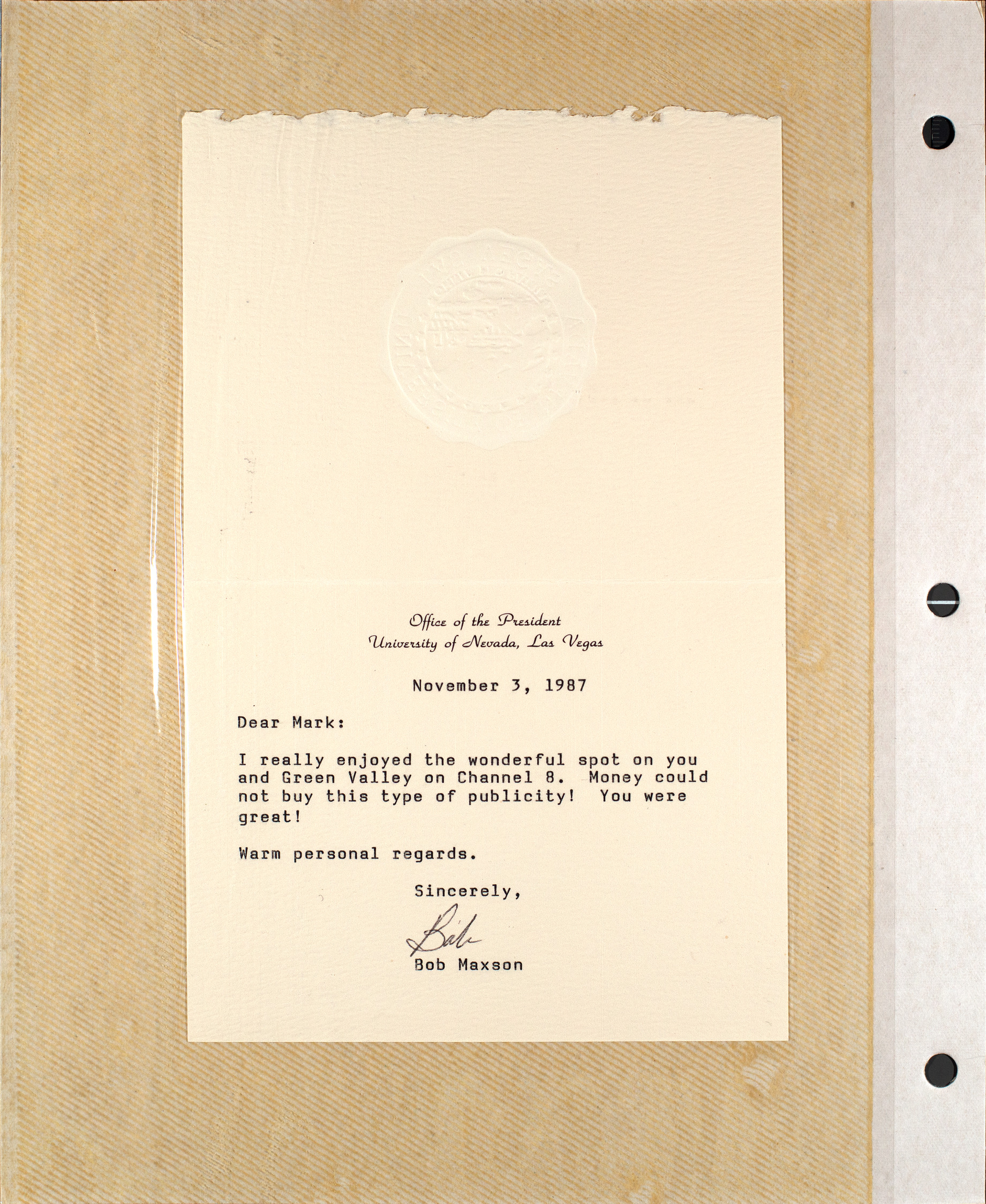 Letter from Robert Maxon to Mark Fine, November 3, 1987