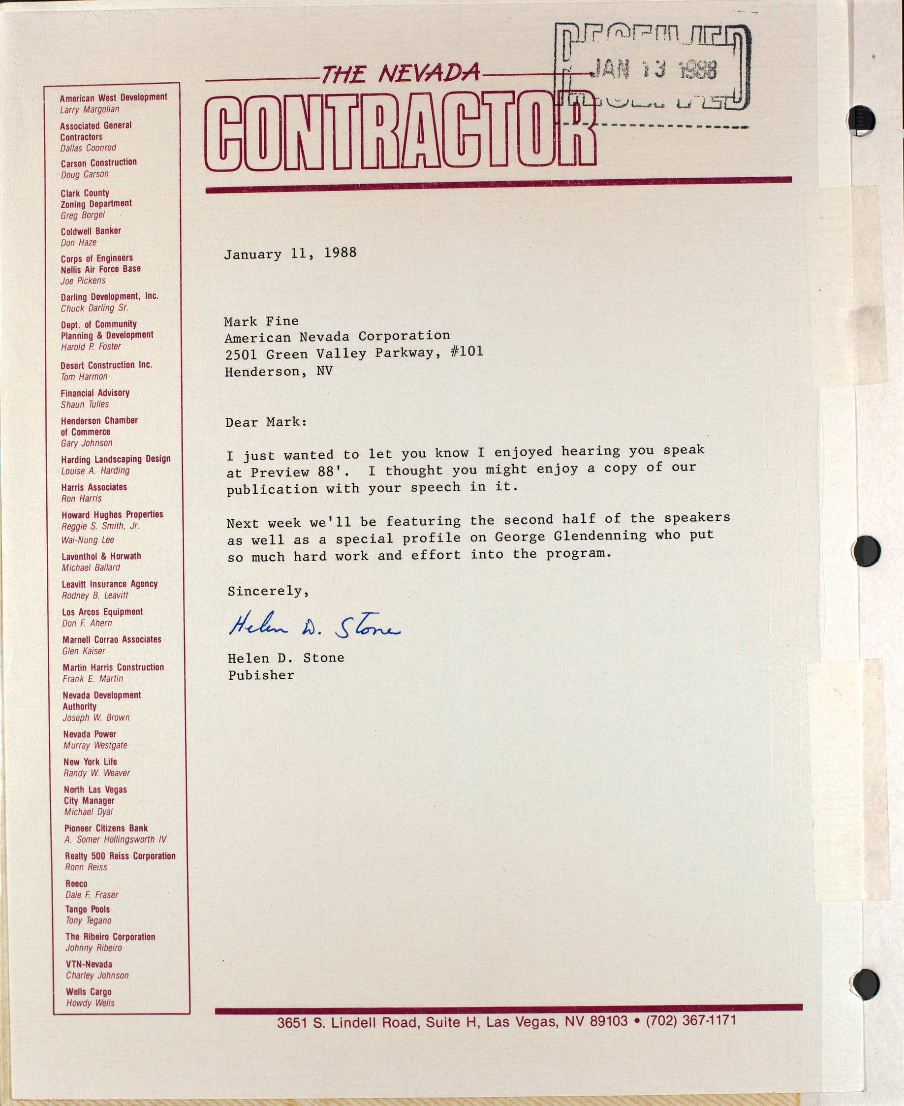 Letter from Helen D. Stone to Mark Fine, January 11, 1988
