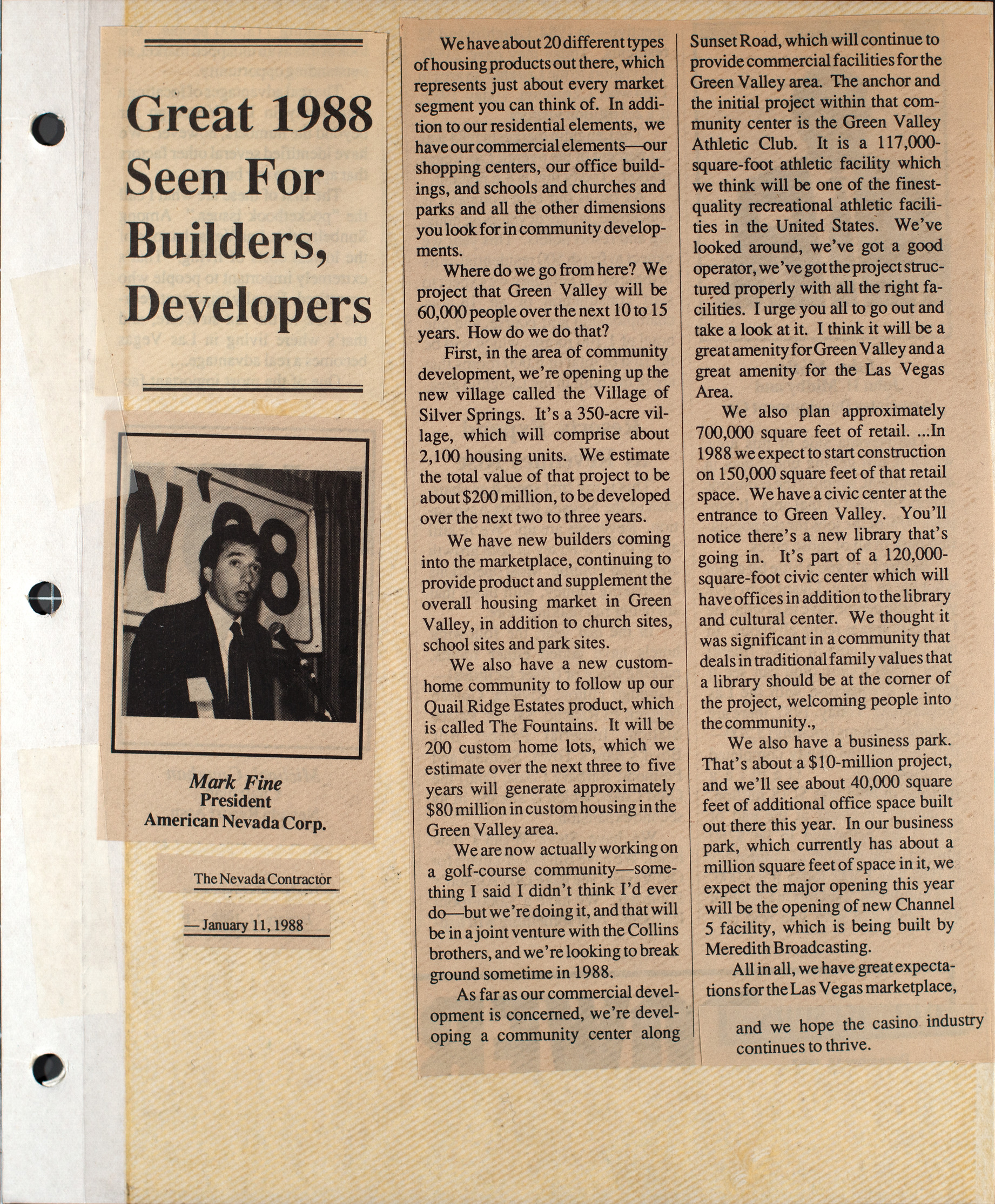 Clipping, Great 1988 seen for builders, developers, The Nevada Contractor, January 11, 1988