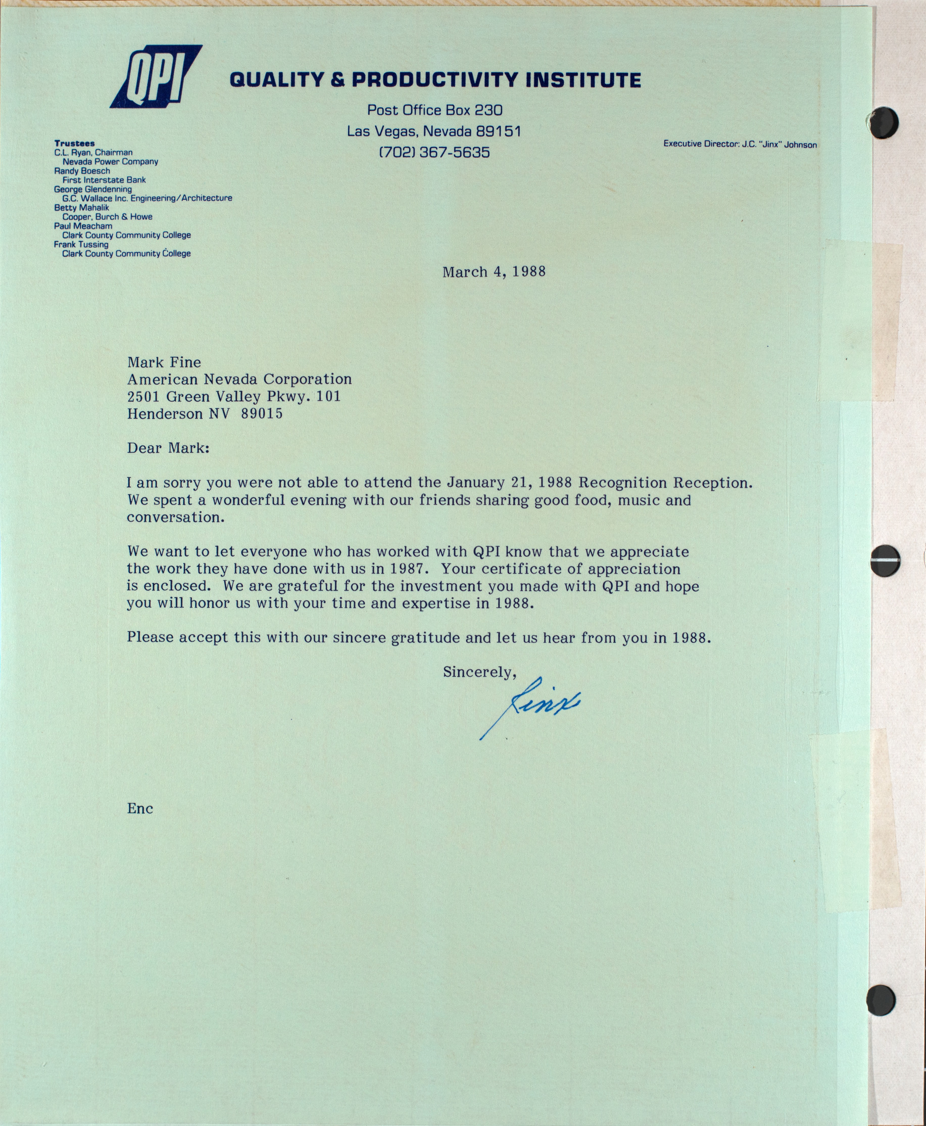 Letter from Quality and Productivity Institute to Mark Fine, March 4, 1988