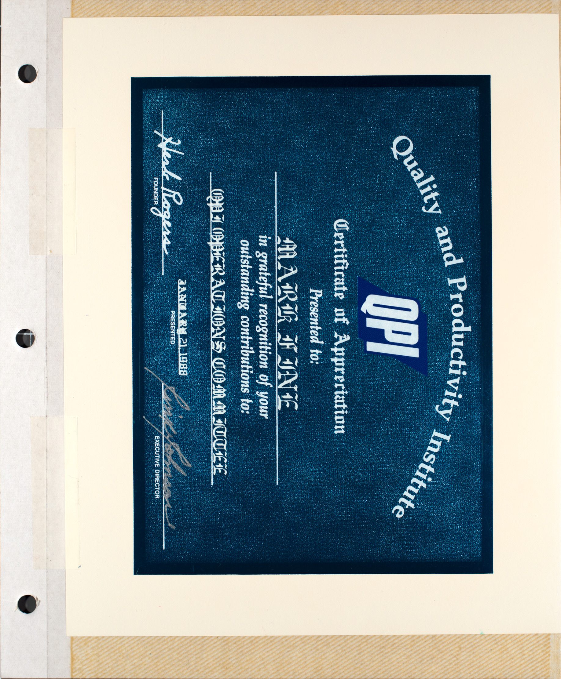 Certificate of appreciation for Mark Fine from the Quality and Productivity Institute, January 21, 1988