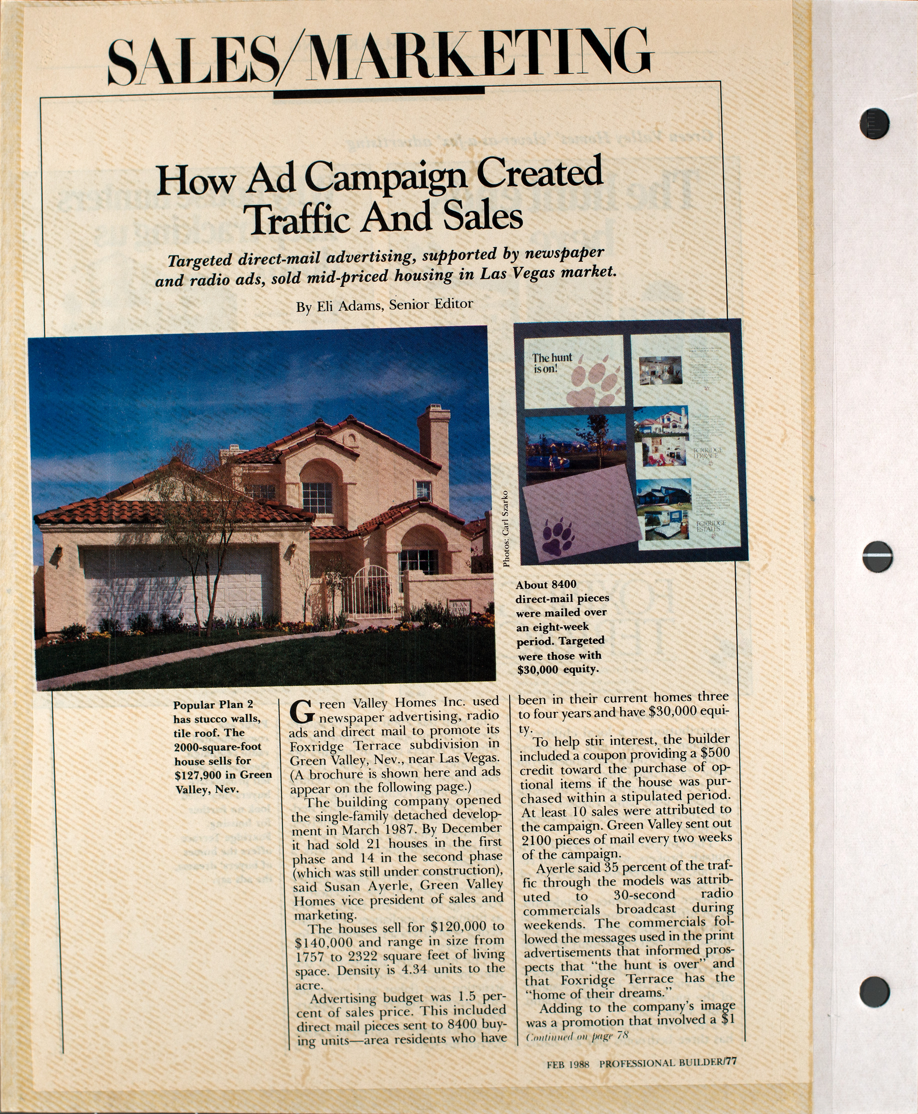 Article, How ad campaign created traffic and sales, Professional Builder magazine, February 1988