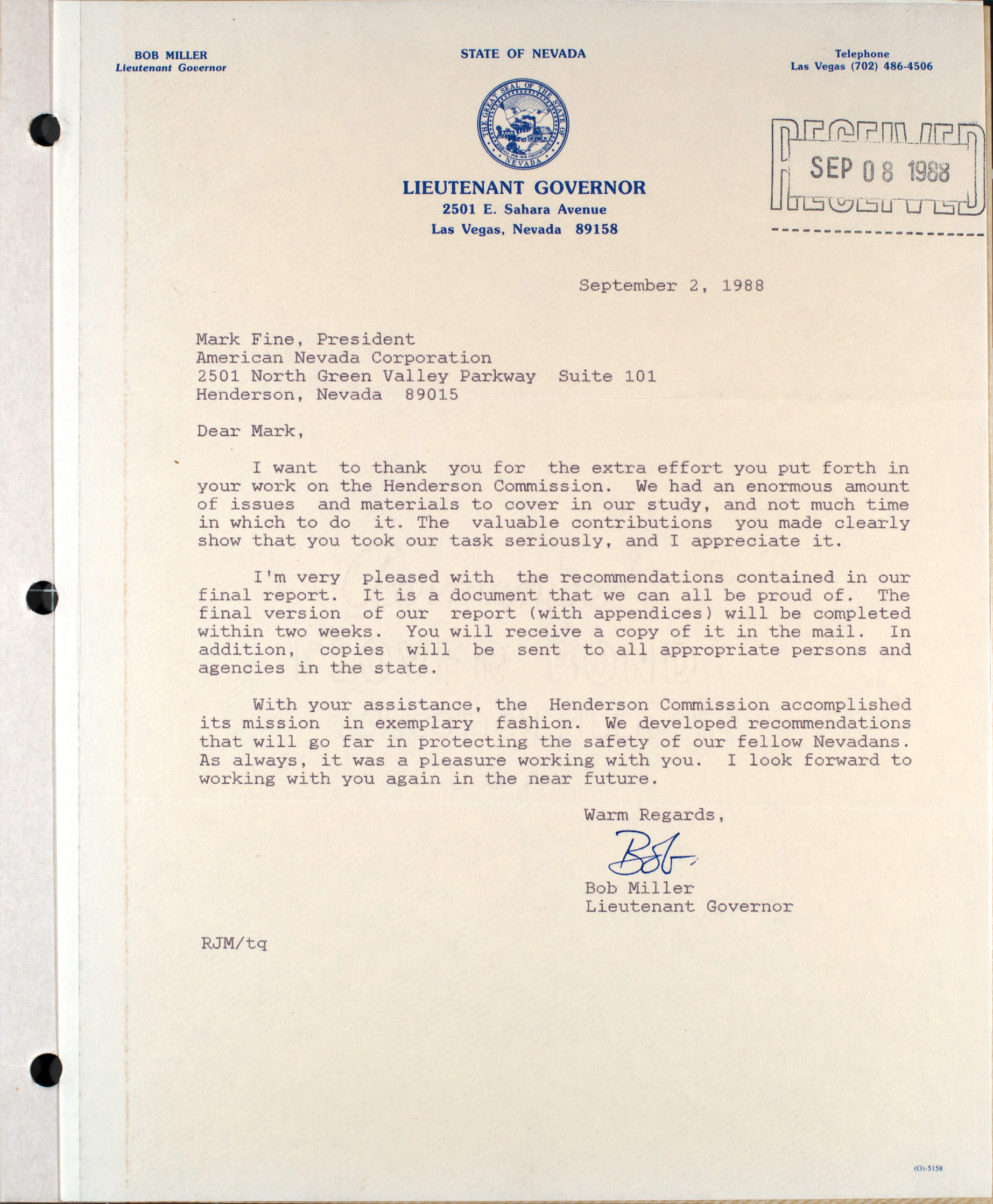 Letter from Bob Miller to Mark Fine, September 2, 1988
