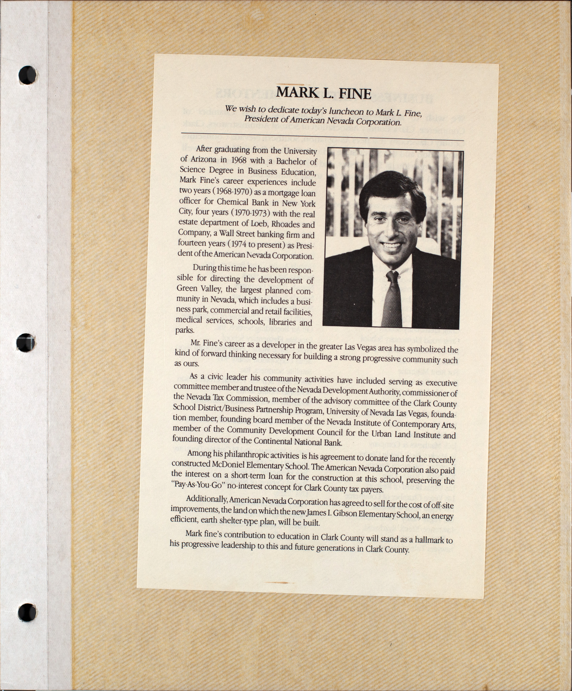 Biography of Mark Fine from the Clark County School District new teacher welcome luncheon, August 22, 1988