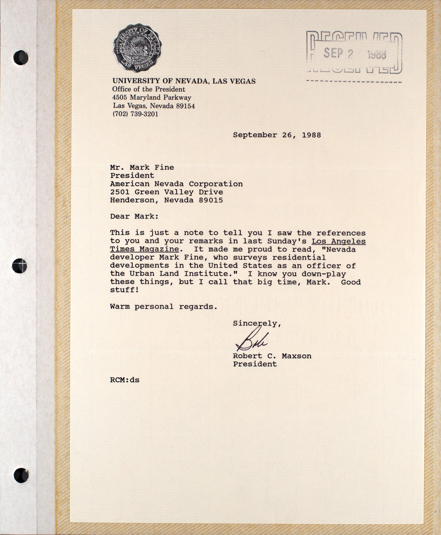 Letter from Robert Maxon to Mark Fine, September 26, 1988