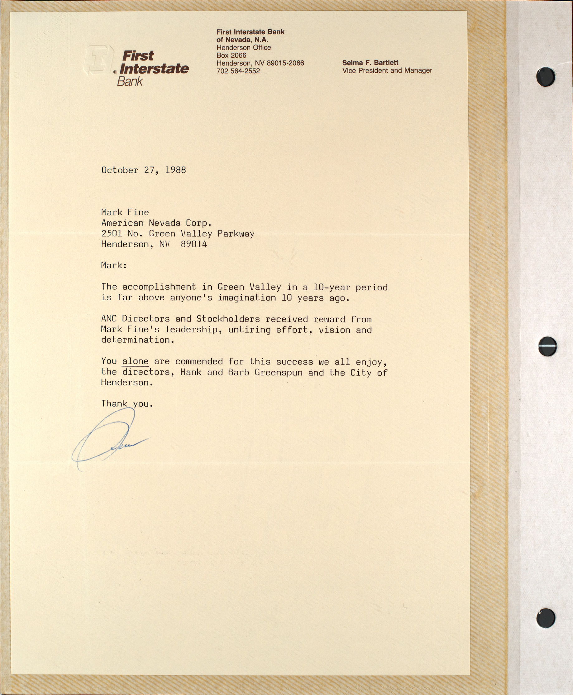 Letter from Selma Bartlett to Mark Fine, October 27, 1988