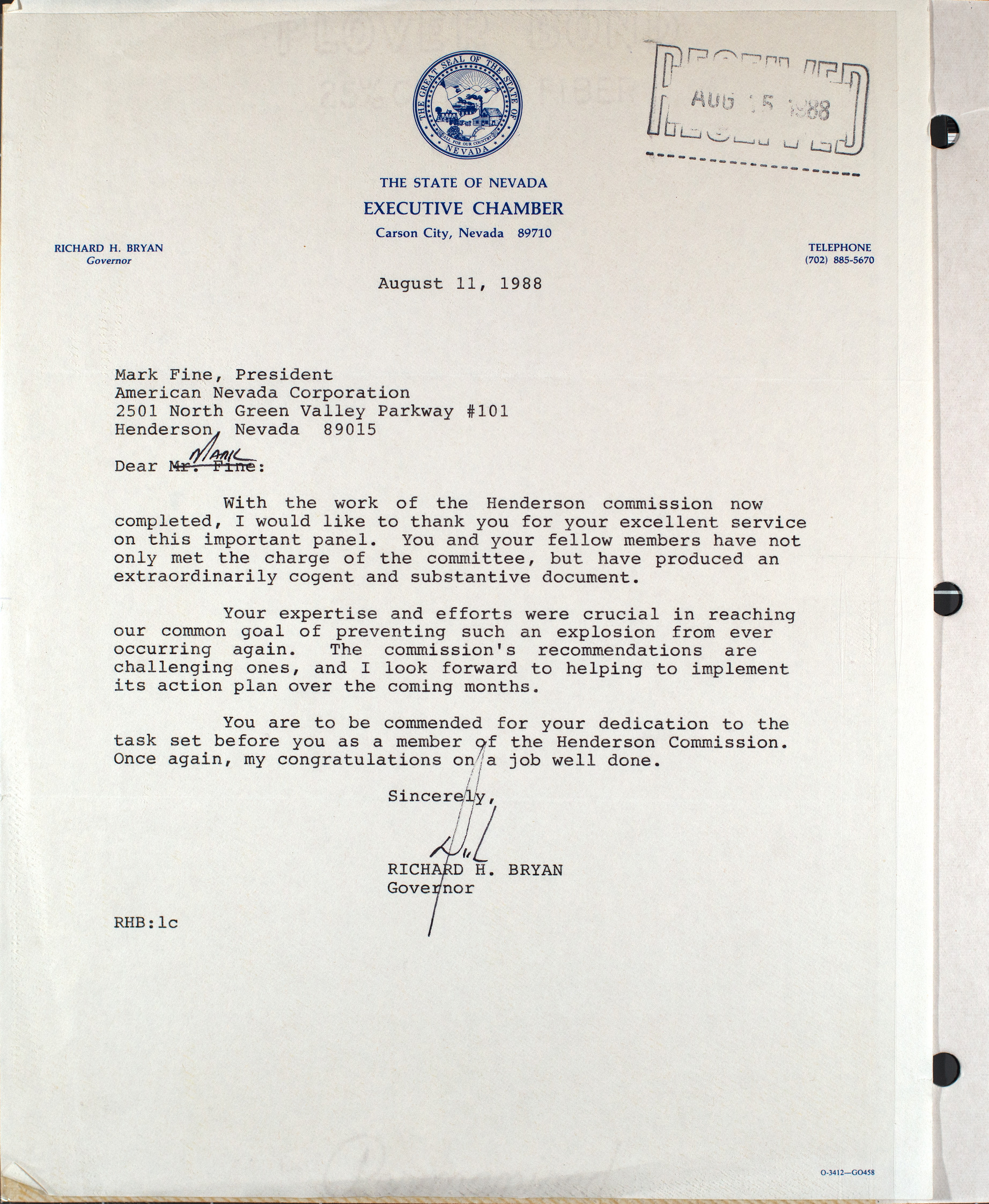 Letter from Richard Bryan to Mark Fine, August 11, 1988