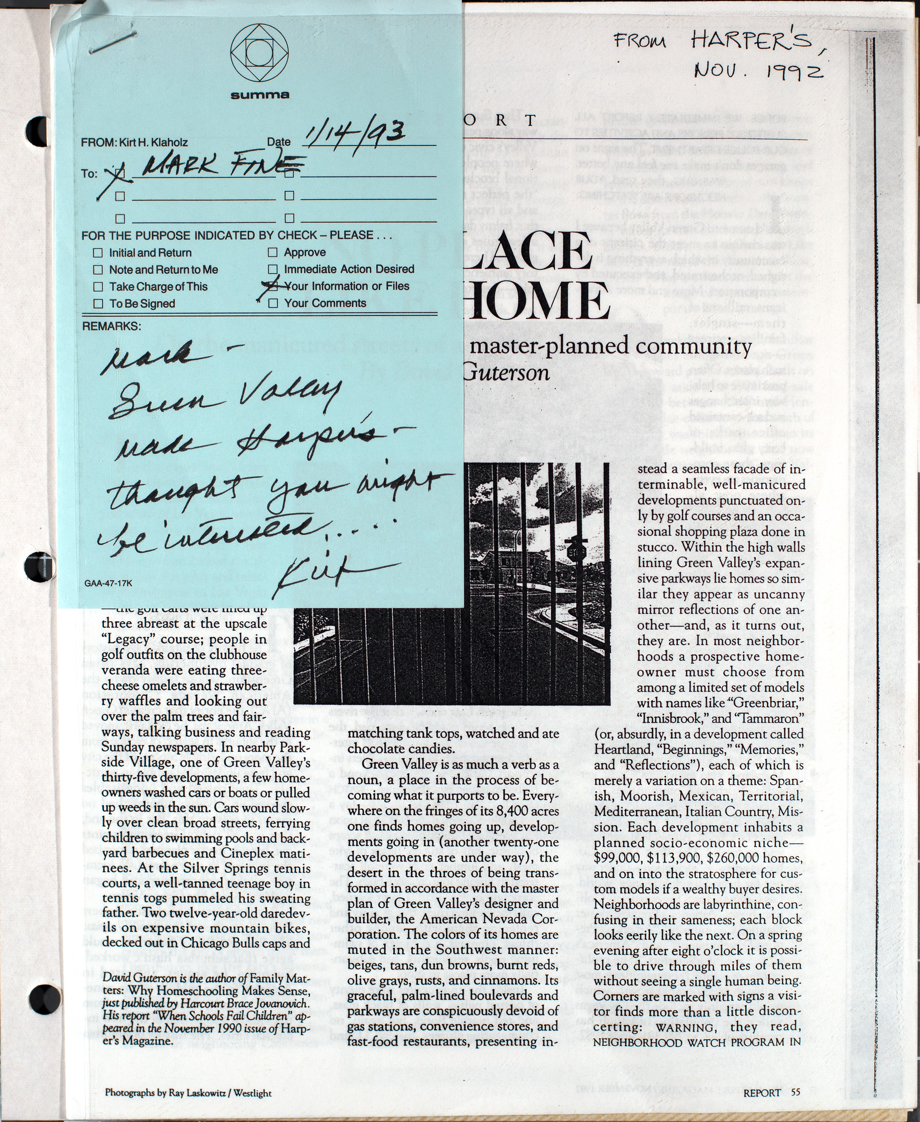 Memo and clipping from Harper's magazine, November 1992