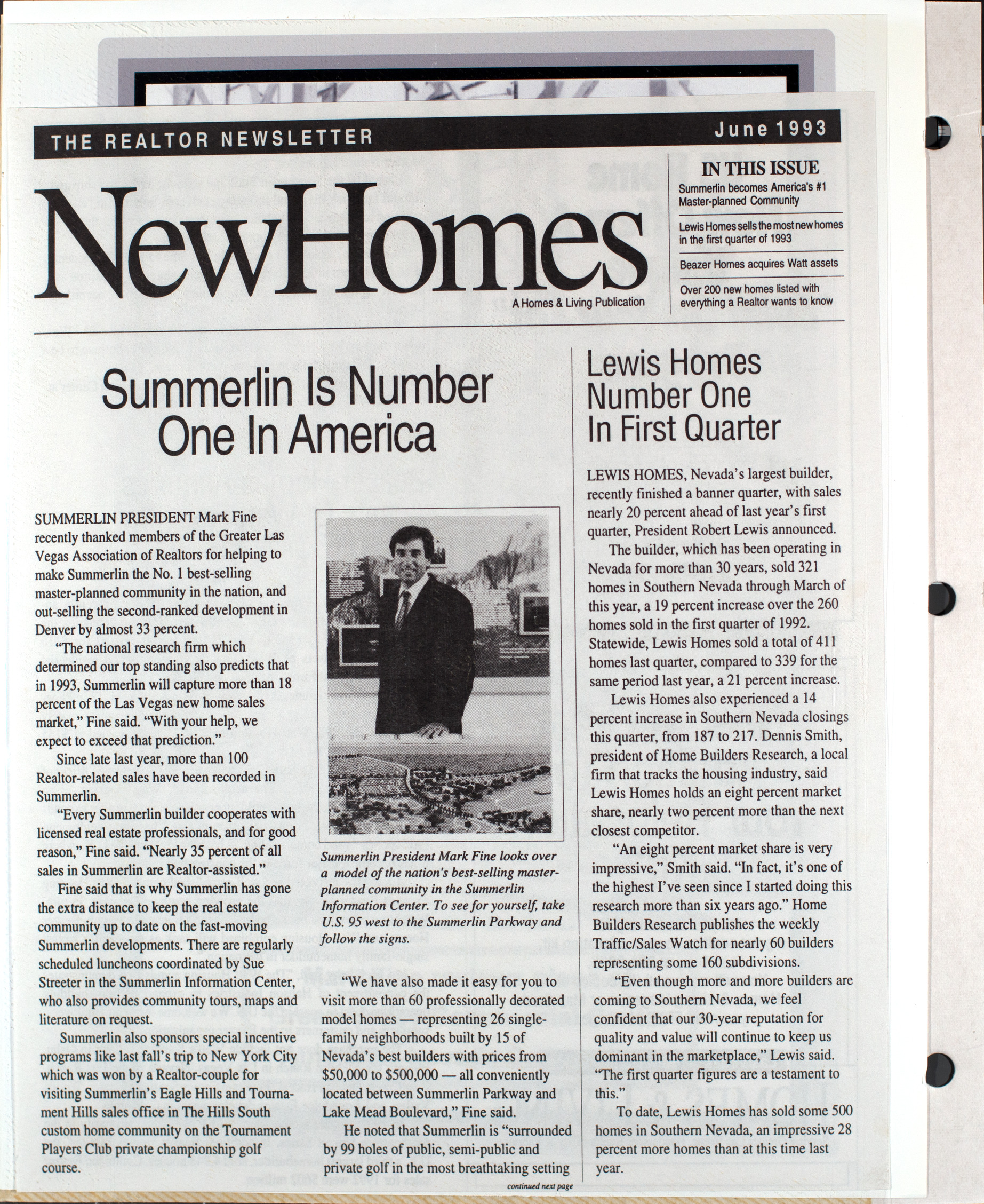 Article, Summerlin is number one in America, Realtor Newsletter, June 1993