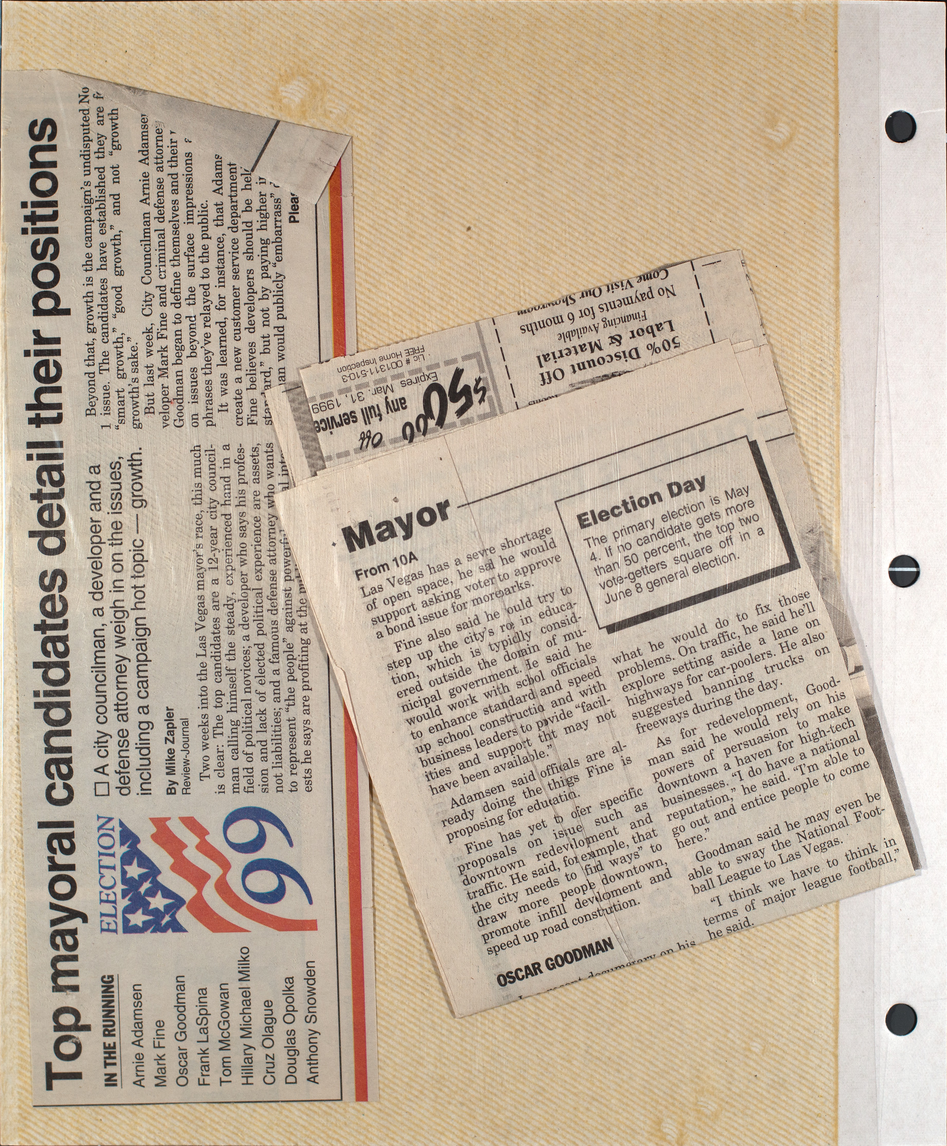 Newspaper clippings, Top mayoral candidates detail their positions, publication and date unknown
