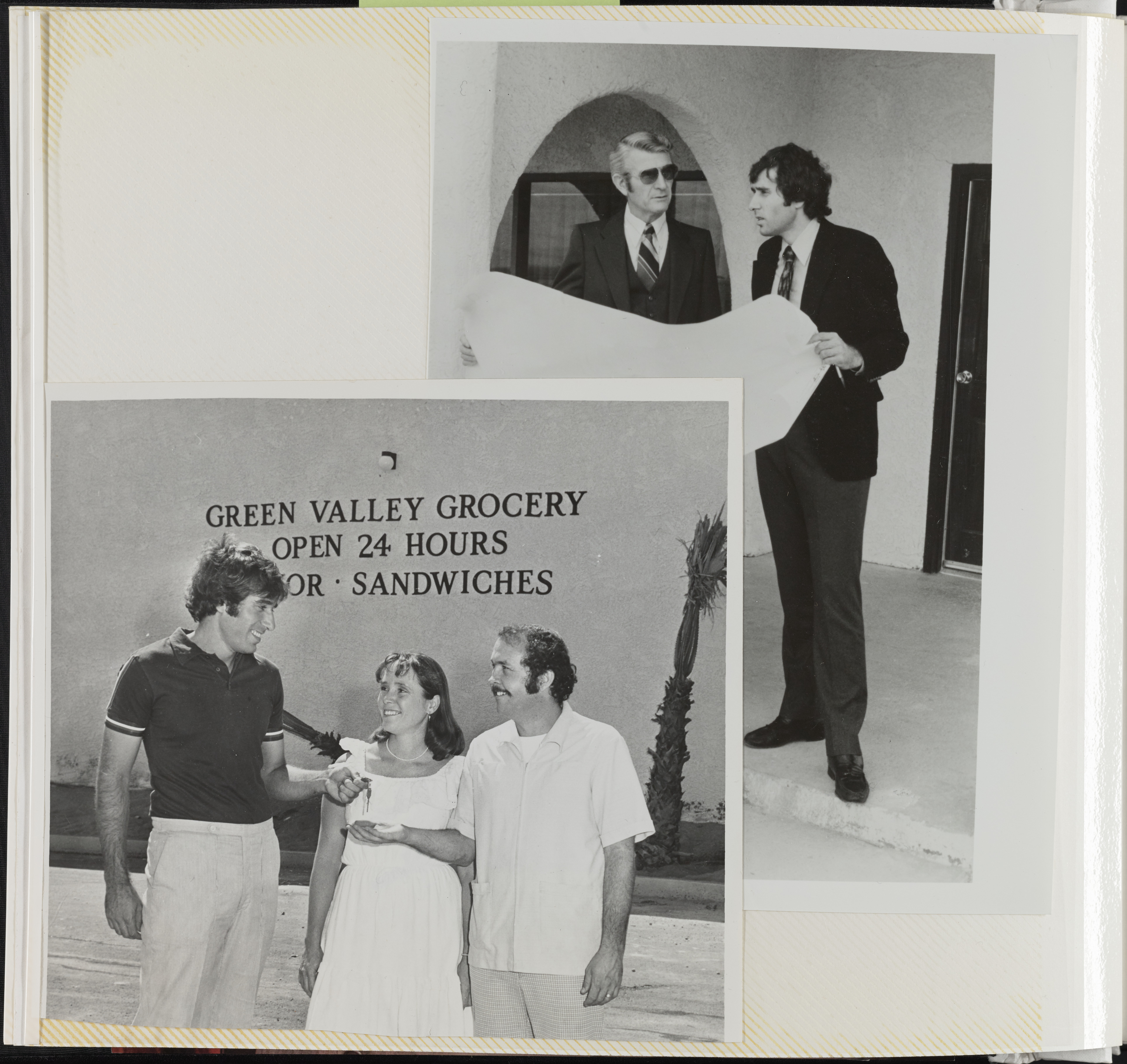 Photograph of Mark Fine with blueprints, and Mark Fine delivering keys outside of Green Valley Grocery
