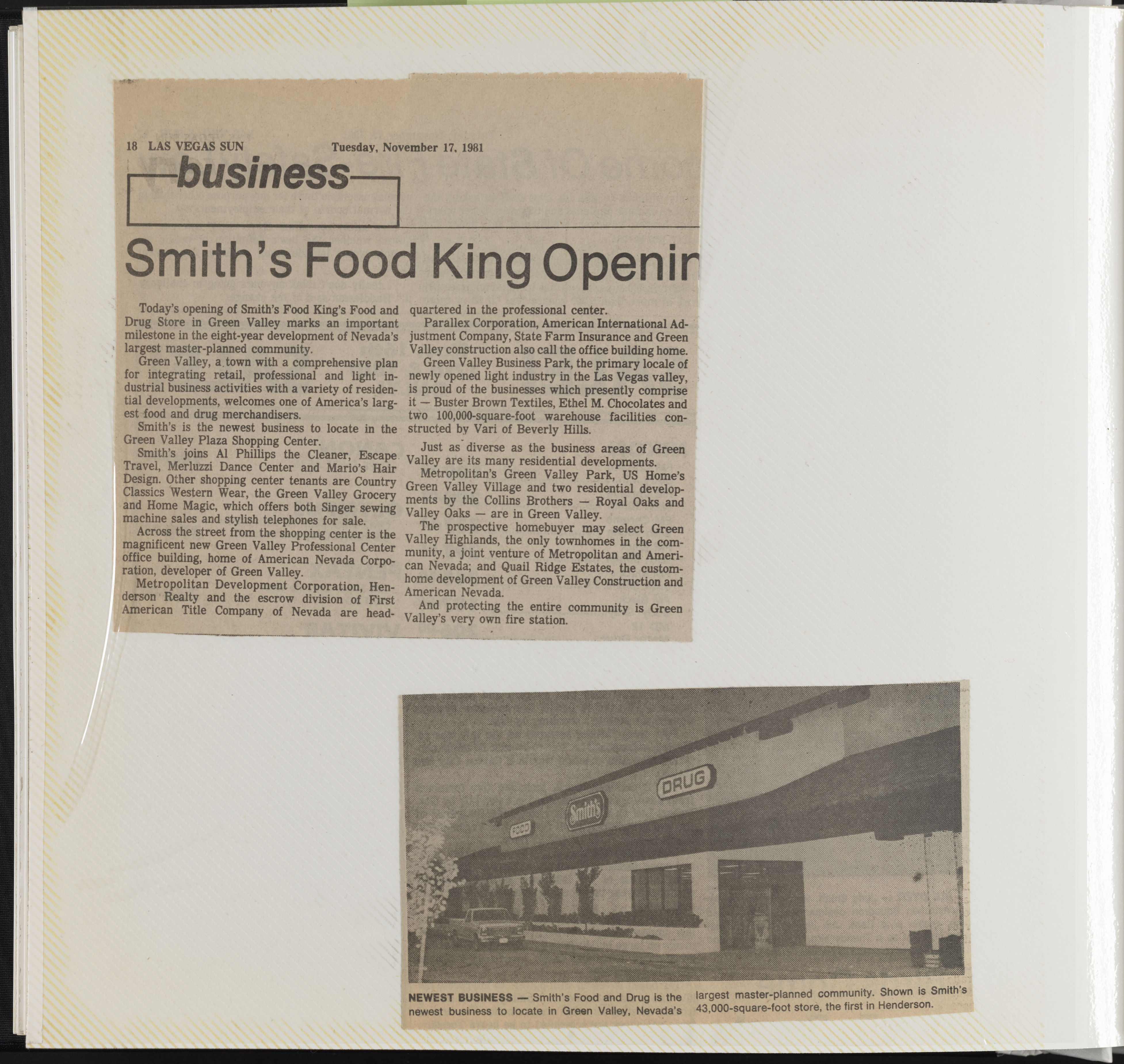 Newspaper clippings, Smith's Food King Opening, Las Vegas Sun, November 17, 1981