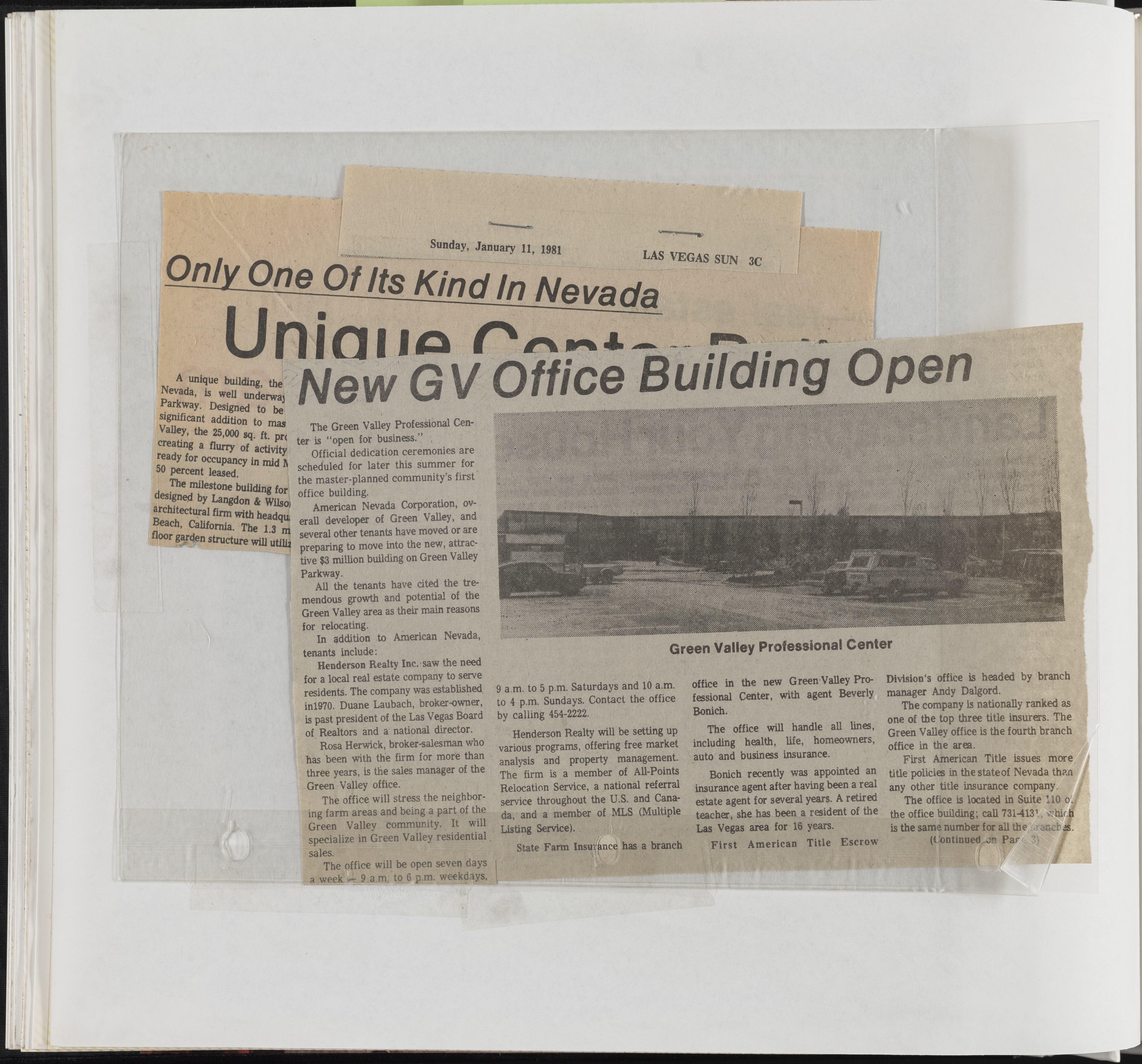 Newspaper clippings, Green Valley professional buildings