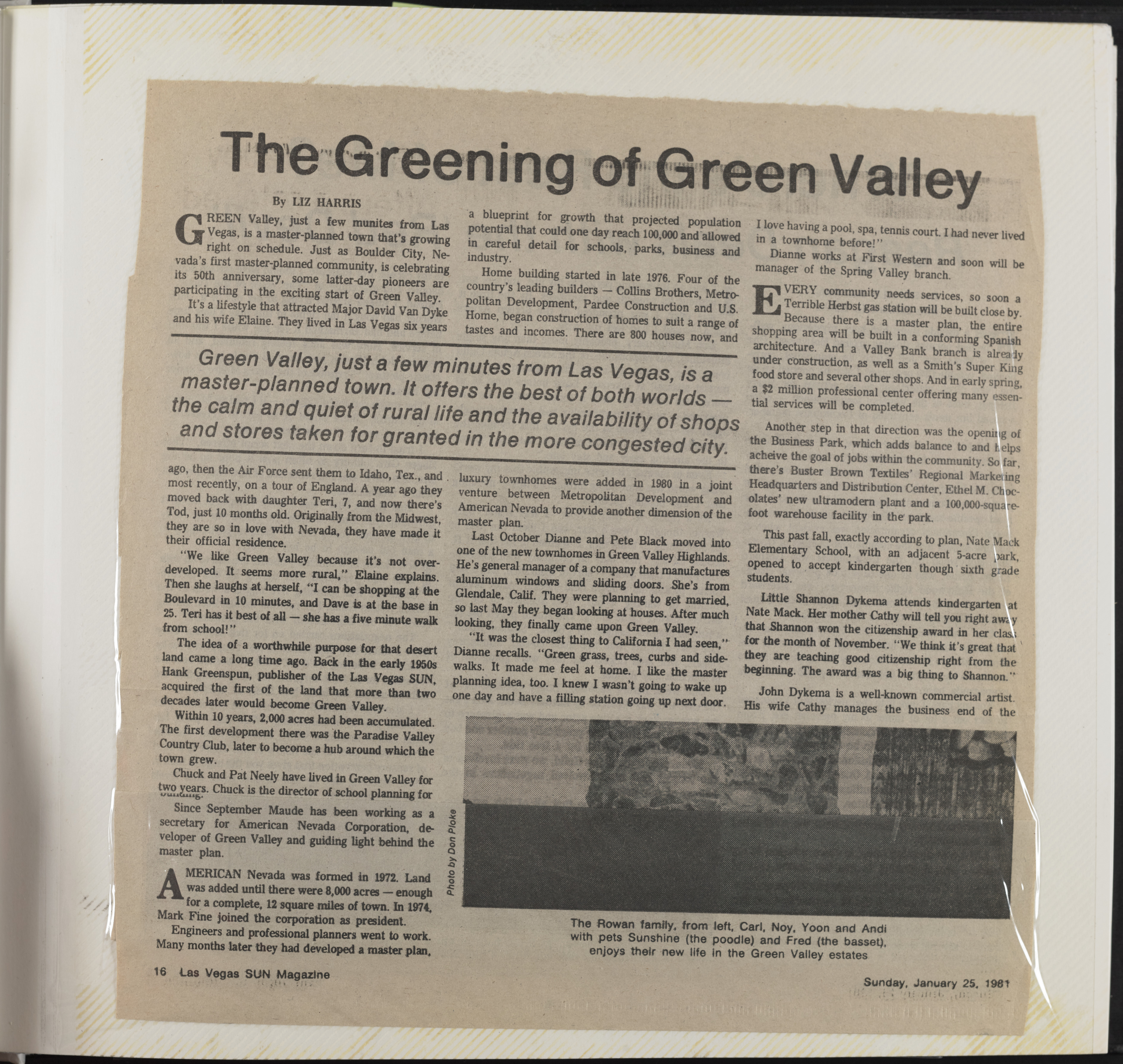 Newspaper clipping, The Greening of Green Valley, Las Vegas Sun Magazine, January 25, 1981