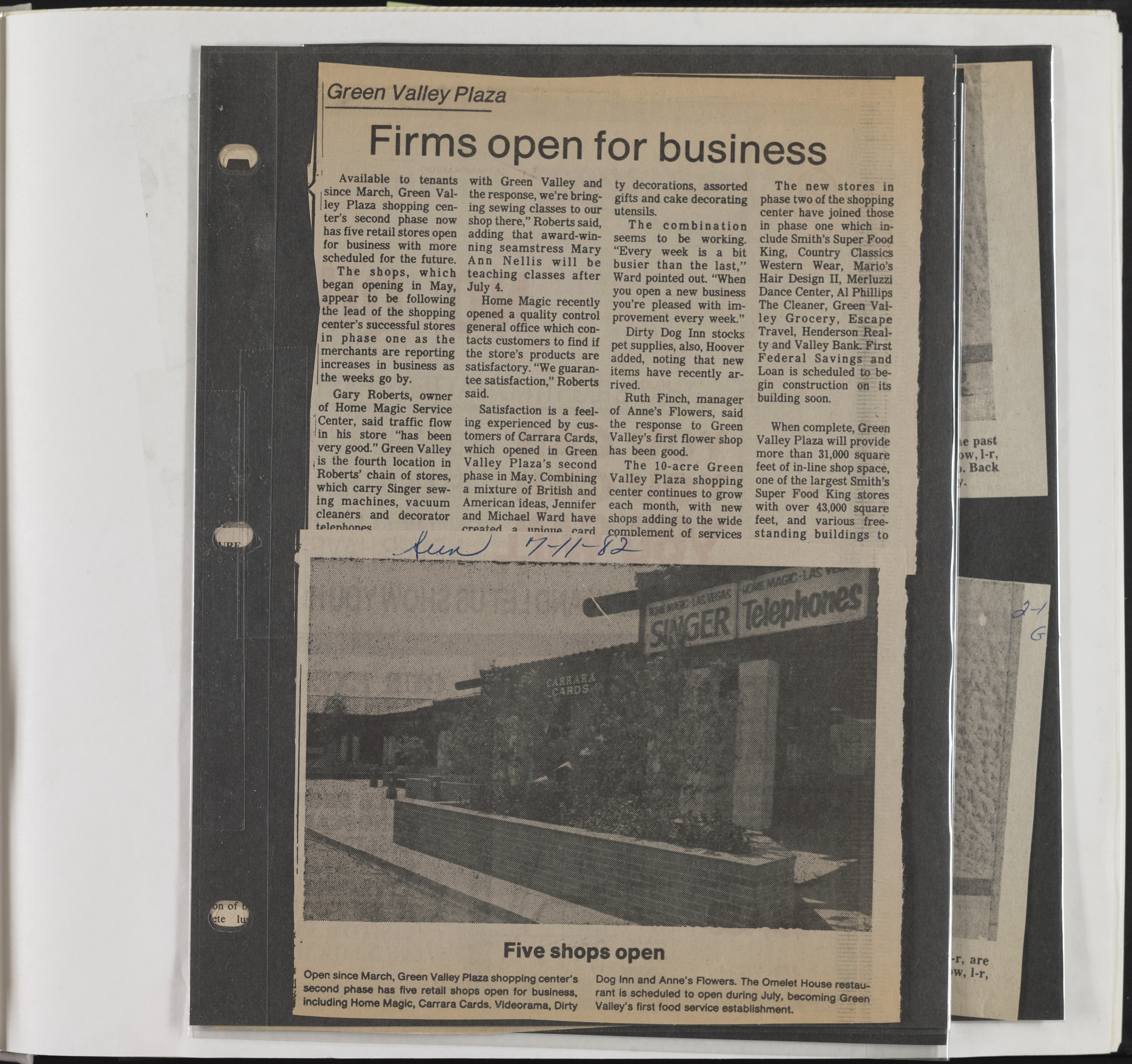 Newspaper clipping, Green Valley Plaza, Las Vegas Sun, July 11, 1982